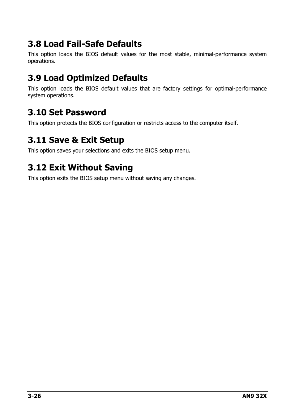 Load fail-safe defaults, Load optimized defaults, Set password | Save & exit setup, Exit without saving, 8 load fail-safe defaults -26, 9 load optimized defaults -26, 10 set password -26, 11 save & exit setup -26, 12 exit without saving -26 | AMD AN9 32X User Manual | Page 58 / 76