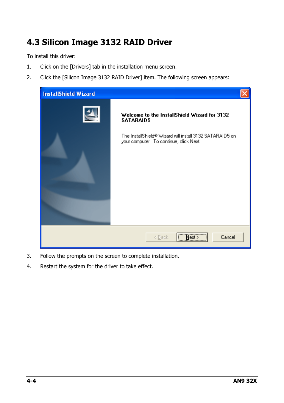 Silicon image 3132 raid driver, 3 silicon image 3132 raid driver -4 | AMD AN9 32X User Manual | Page 62 / 76