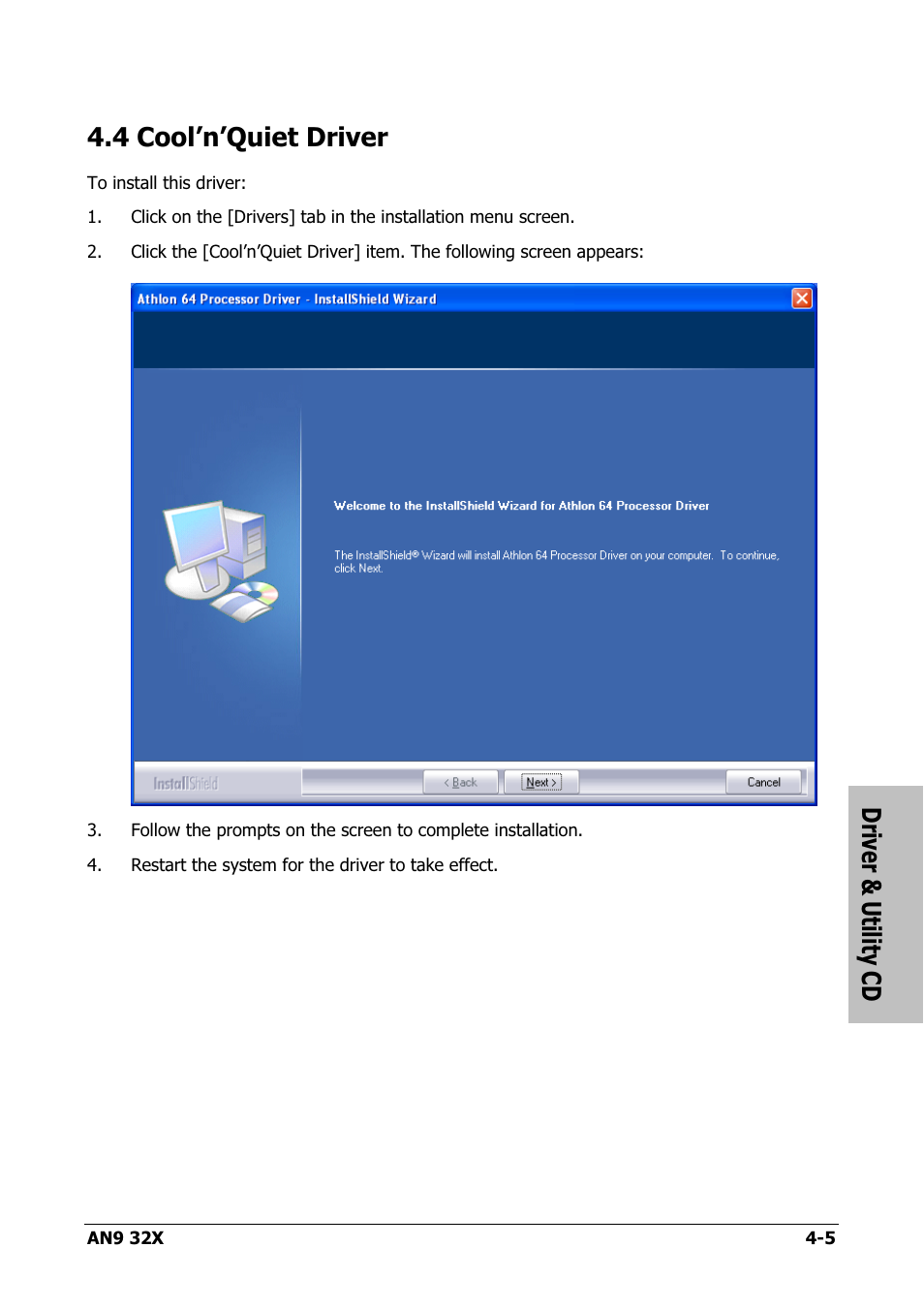 Cool’n’quiet driver, 4 cool’n’quiet driver -5, Driver & utility cd | 4 cool’n’quiet driver | AMD AN9 32X User Manual | Page 63 / 76