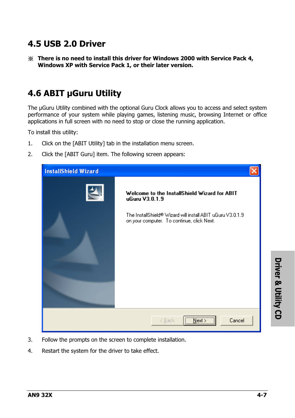 Usb 2.0 driver, Abit μguru utility, 5 usb 2.0 driver -7 | 6 abit µguru utility -7, Driver & utility cd, 5 usb 2.0 driver, 6 abit µguru utility | AMD AN9 32X User Manual | Page 65 / 76