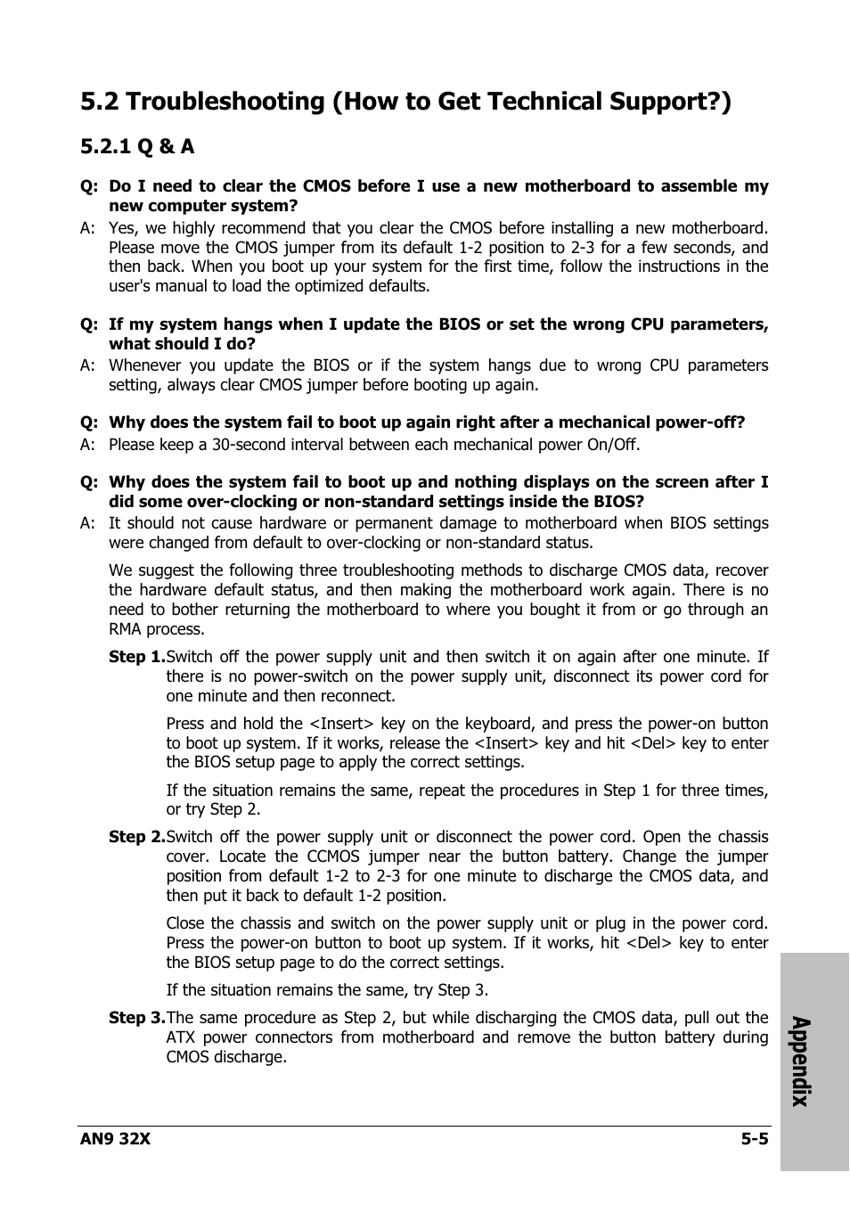 Troubleshooting (how to get technical support?), Q & a, 1 q & a -5 | Appendix, 2 troubleshooting (how to get technical support?) | AMD AN9 32X User Manual | Page 71 / 76