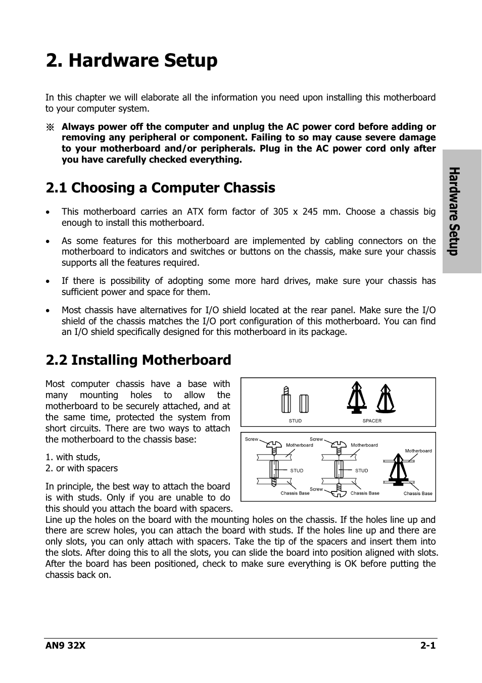 Hardware setup, Choosing a computer chassis, Installing motherboard | Hardware setup -1, 1 choosing a computer chassis -1, 2 installing motherboard -1, 1 choosing a computer chassis, 2 installing motherboard | AMD AN9 32X User Manual | Page 9 / 76