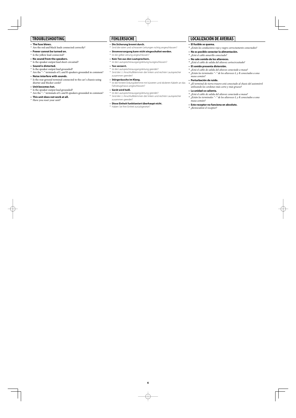 Troubleshooting, Fehlersuche, Localización de averias | Kenwood KDV-7241Y User Manual | Page 6 / 6