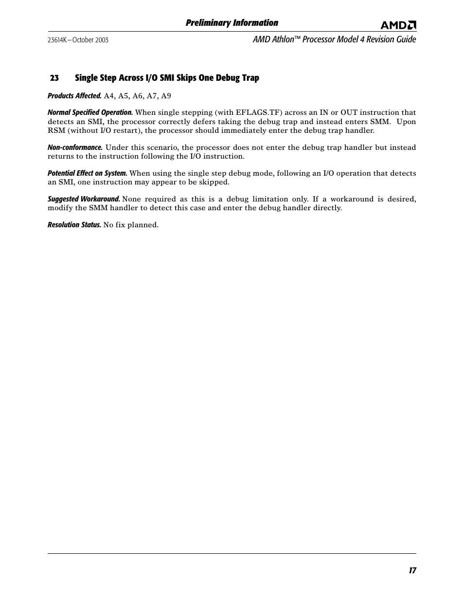 23 single step across i/o smi skips one debug trap, Single step across i/o smi skips one debug trap | AMD ATHLON K User Manual | Page 17 / 21