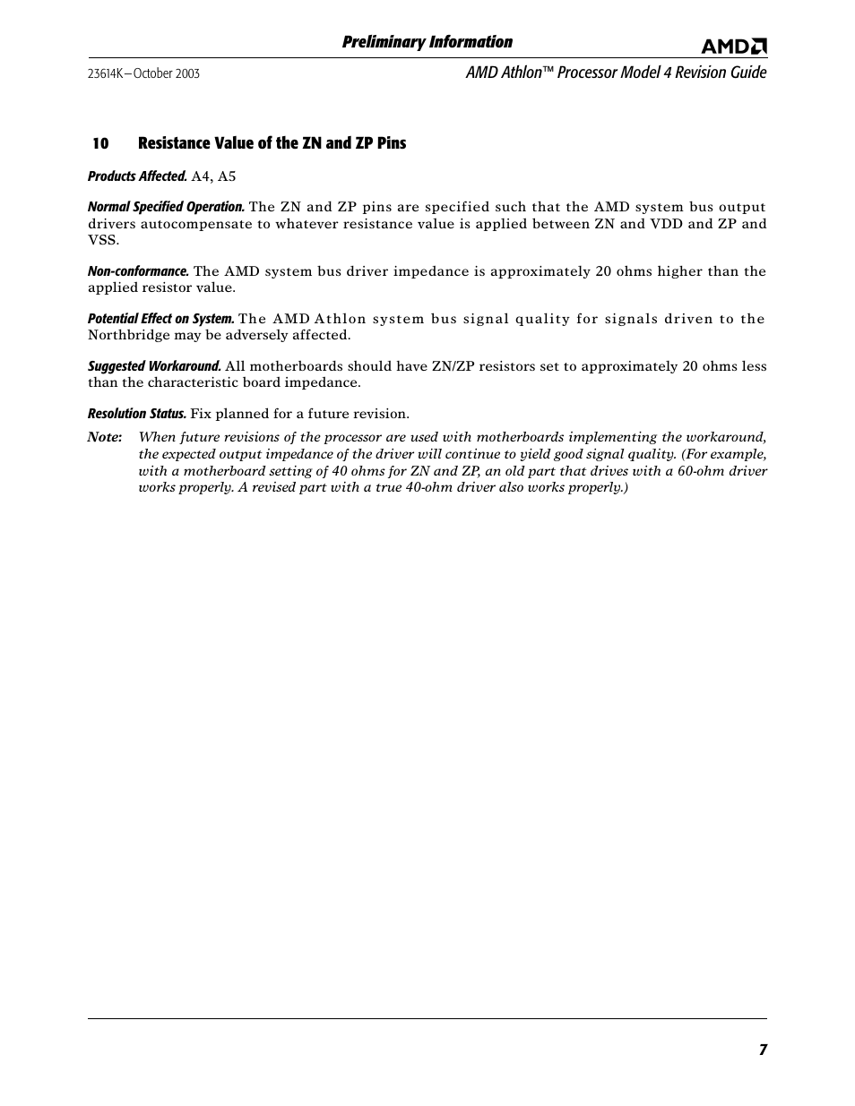 10 resistance value of the zn and zp pins | AMD ATHLON K User Manual | Page 7 / 21