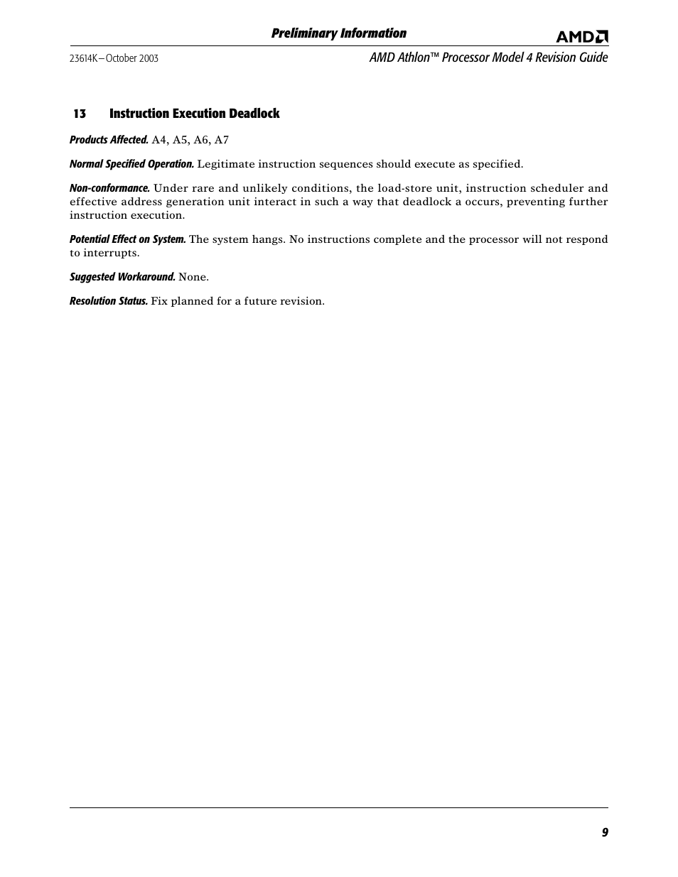 13 instruction execution deadlock, Instruction execution deadlock | AMD ATHLON K User Manual | Page 9 / 21