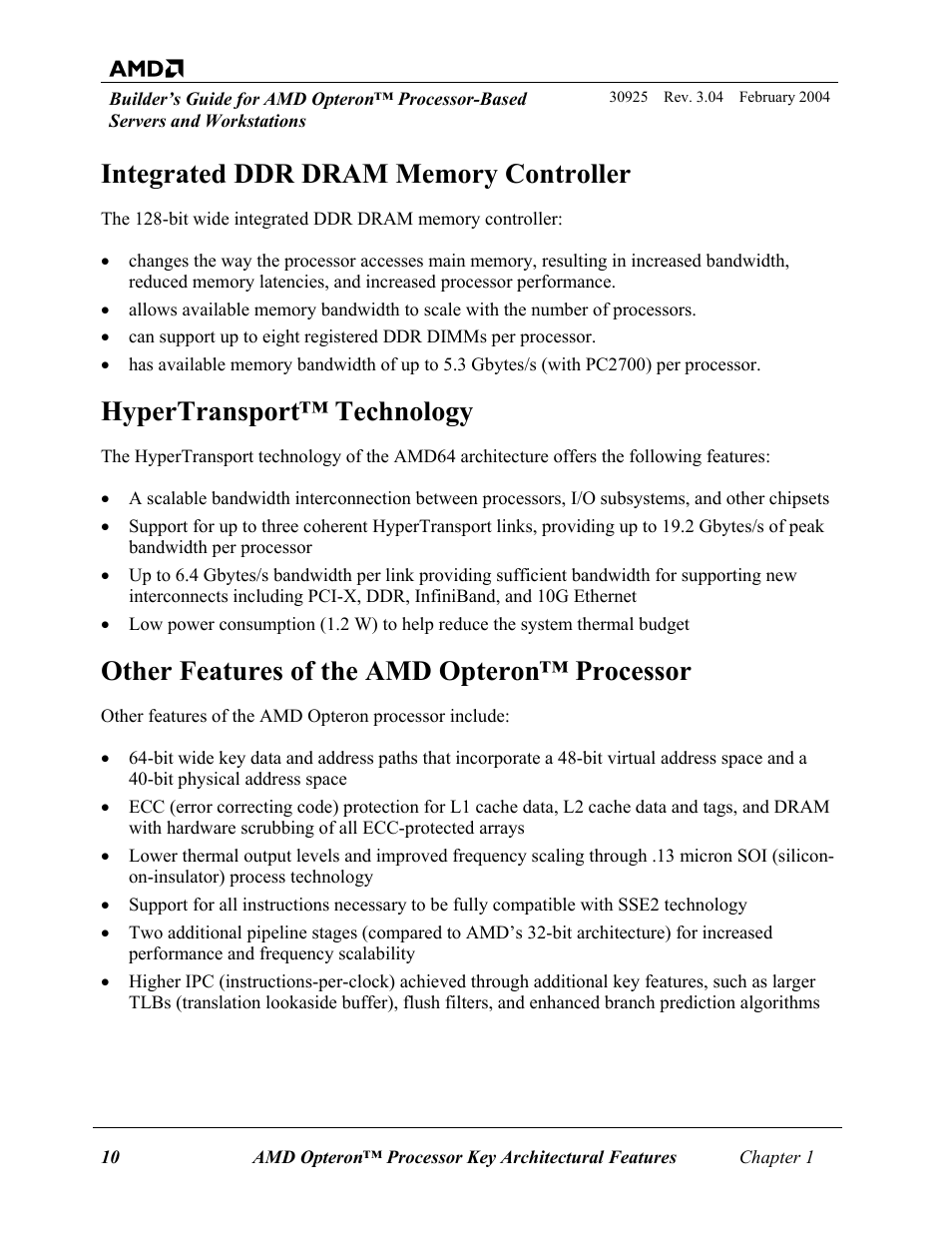 Hypertransport™ technology, Other features of the amd opteron™ processor | AMD OPTERON 30925 User Manual | Page 10 / 55