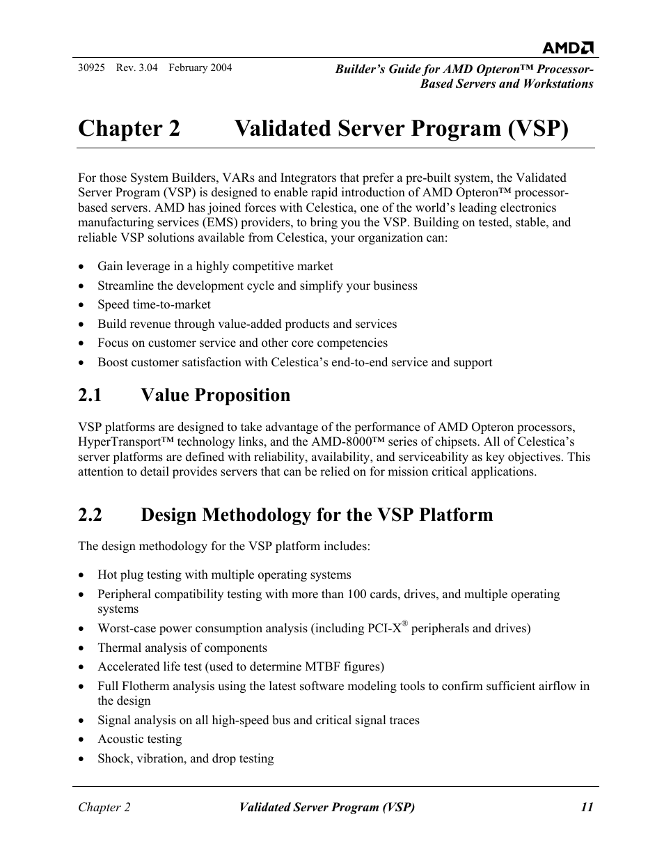 Validated server program (vsp), Value proposition, Design methodology for the vsp platform | Chapter 2, 1 value, Proposition, Chapter 2 validated server program (vsp), 1 value proposition, 2 design methodology for the vsp platform | AMD OPTERON 30925 User Manual | Page 11 / 55