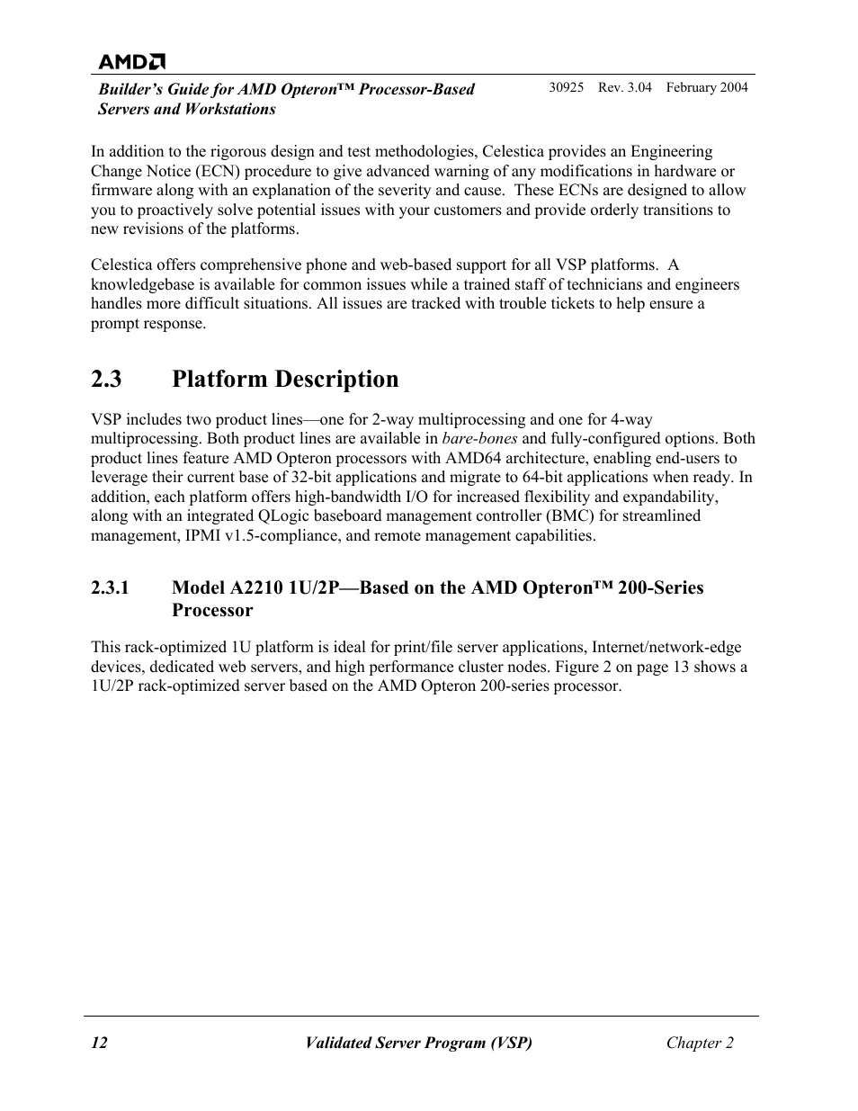 Platform description, Model a2210 1u/2p—based on the amd opteron™ 200-s, 3 platform | Description, 3 platform description | AMD OPTERON 30925 User Manual | Page 12 / 55