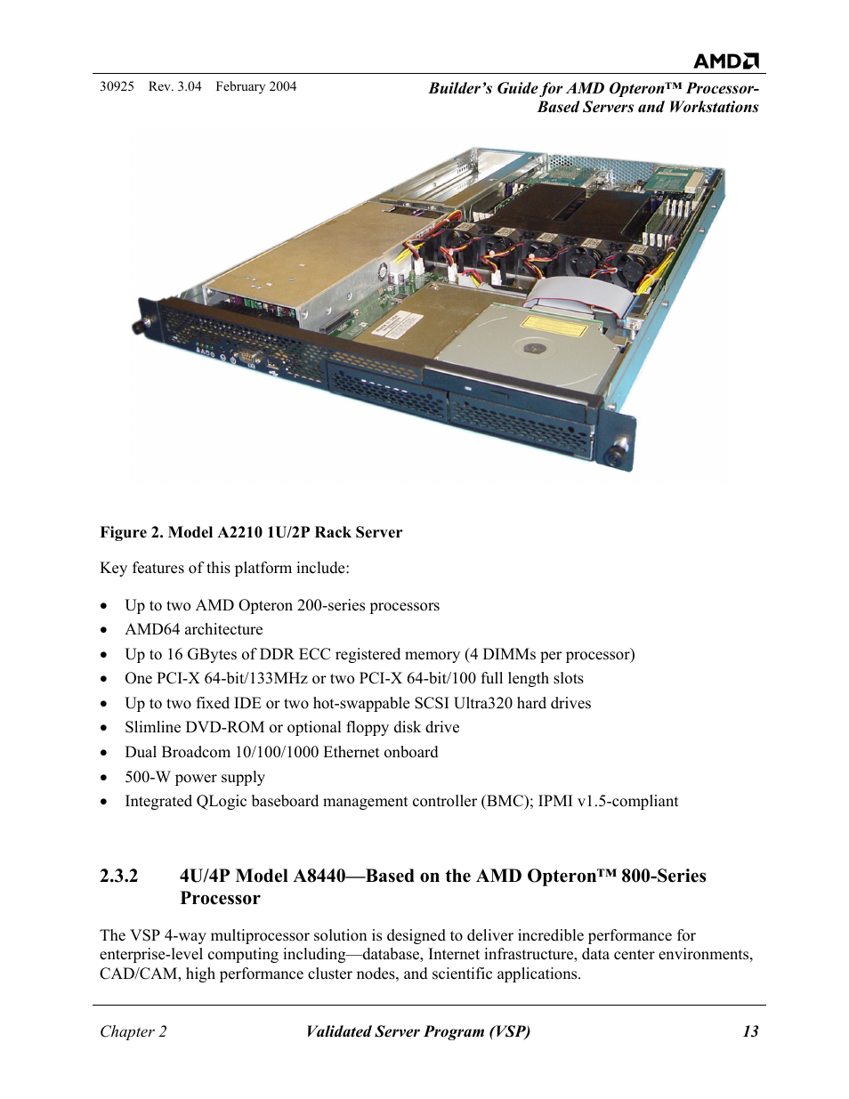 4u/4p model a8440—based on the amd opteron™ 800-s, Figure 2. model a2210 1u/2p rack server | AMD OPTERON 30925 User Manual | Page 13 / 55