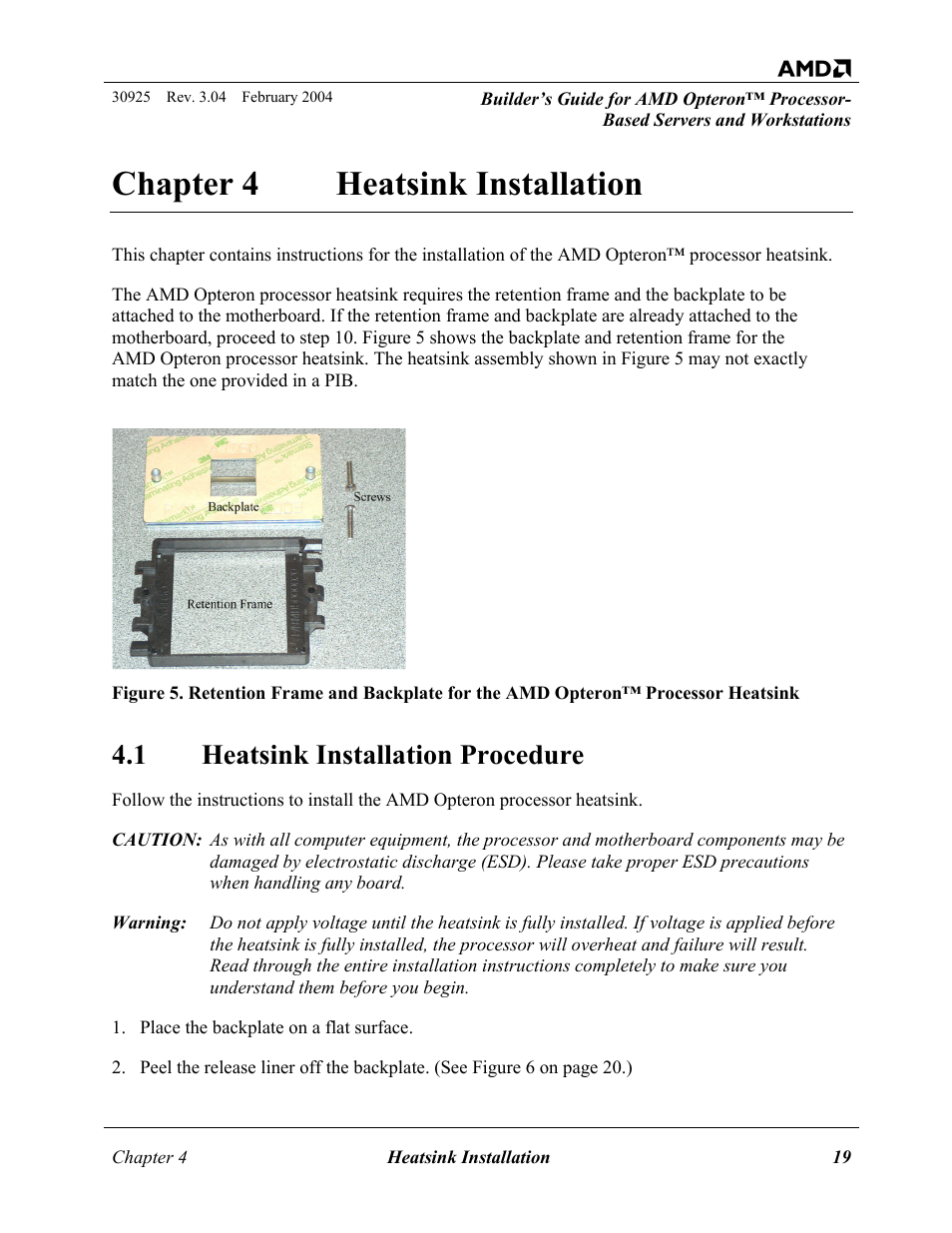 Heatsink installation, Heatsink installation procedure, Chapter 4 | Chapter 4 heatsink installation, 1 heatsink installation procedure | AMD OPTERON 30925 User Manual | Page 19 / 55