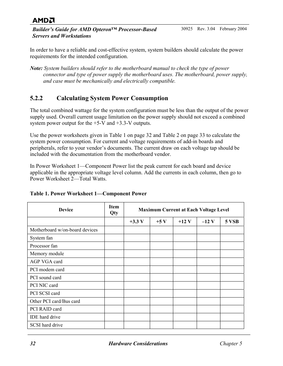 Calculating system power consumption, 2 calculating, System | Power consumption, Table 1. power worksheet 1—component power, 2 calculating system power consumption | AMD OPTERON 30925 User Manual | Page 32 / 55