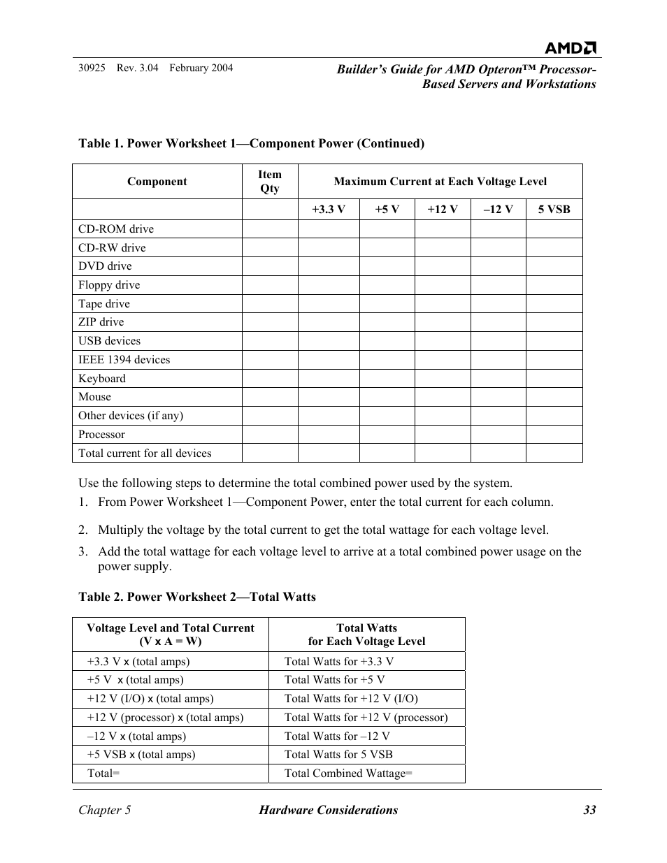 Table 2. power worksheet 2—total watts | AMD OPTERON 30925 User Manual | Page 33 / 55