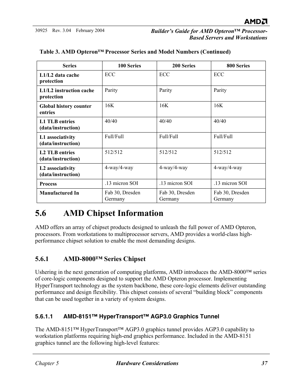 Amd chipset information, Amd-8000™ series chipset, 6 amd chipset information | AMD OPTERON 30925 User Manual | Page 37 / 55