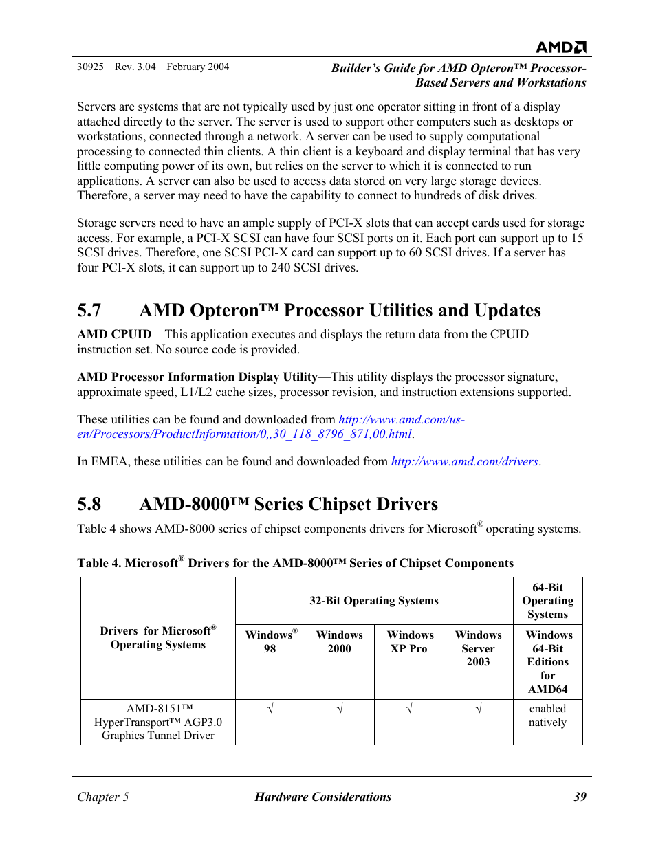 Amd opteron™ processor utilities and updates, Amd-8000™ series chipset drivers, Amd opteron processor utilities and updates | Amd-8000 series chipset drivers, Table 4. microsoft, 7 amd opteron™ processor utilities and updates | AMD OPTERON 30925 User Manual | Page 39 / 55