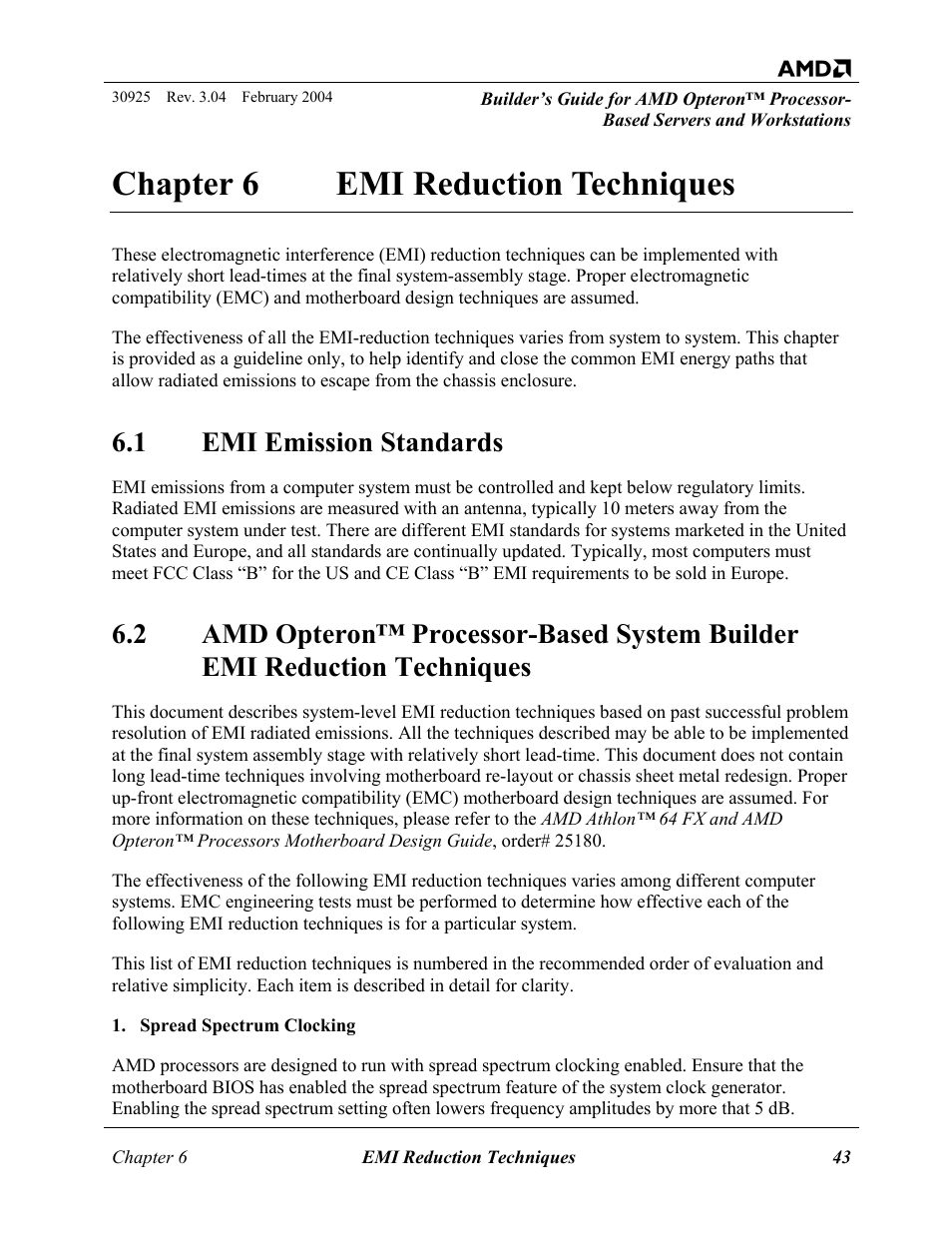 Emi reduction techniques, Emi emission standards, Amd opteron™ processor-based system builder emi r | Chapter 6, Chapter 6 emi reduction techniques, 1 emi emission standards | AMD OPTERON 30925 User Manual | Page 43 / 55