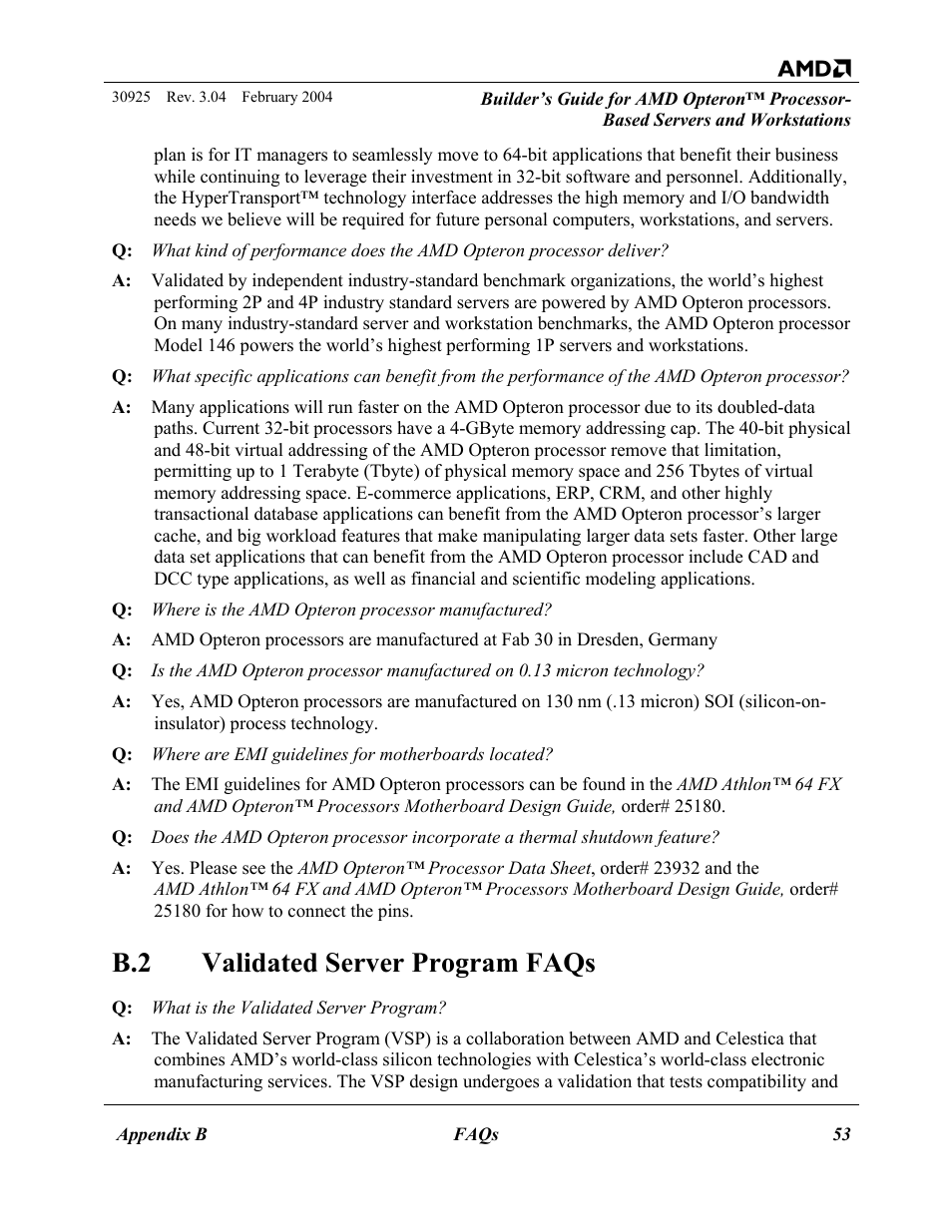 Validated server program faqs, B.2 validated server program faqs | AMD OPTERON 30925 User Manual | Page 53 / 55