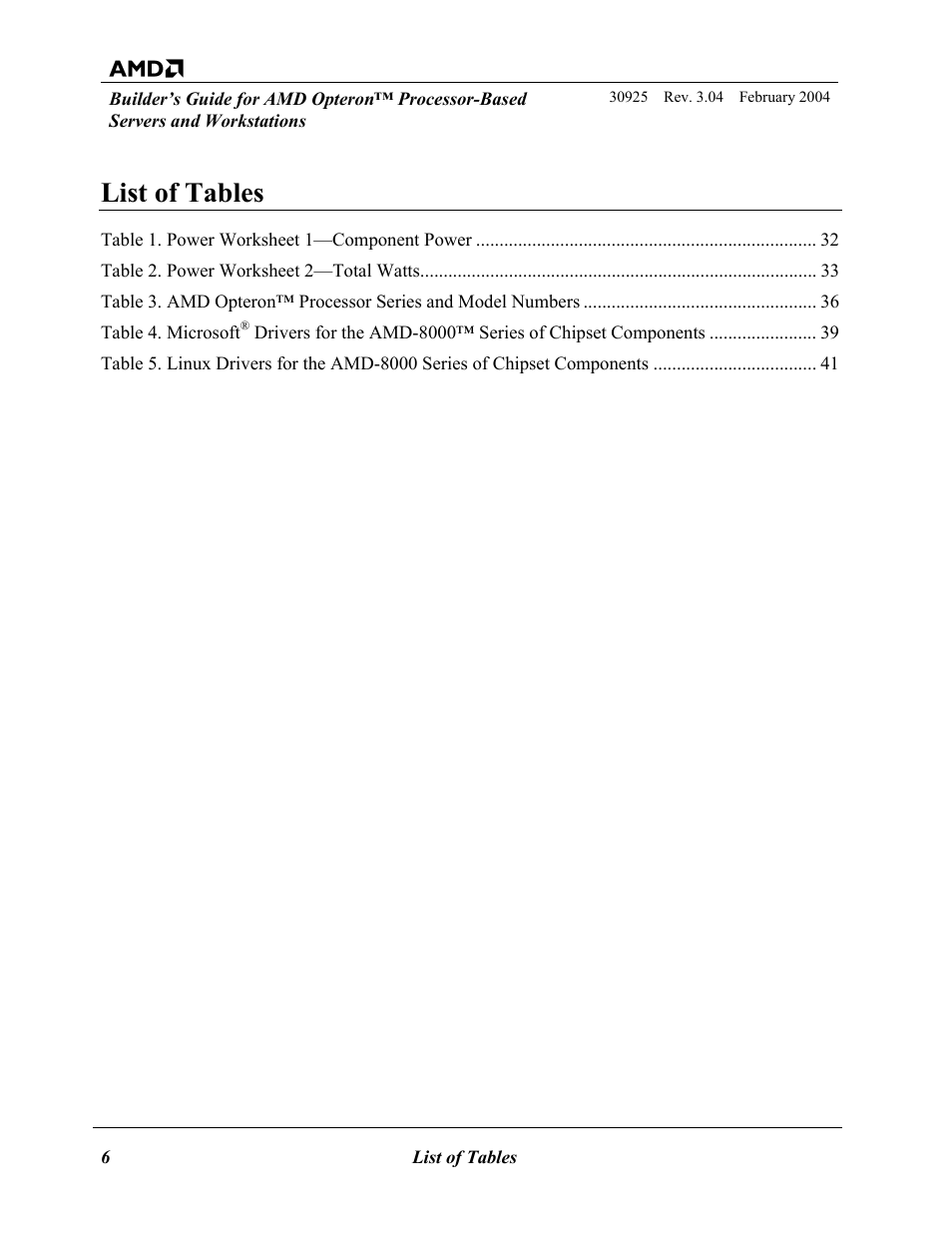 List of tables | AMD OPTERON 30925 User Manual | Page 6 / 55