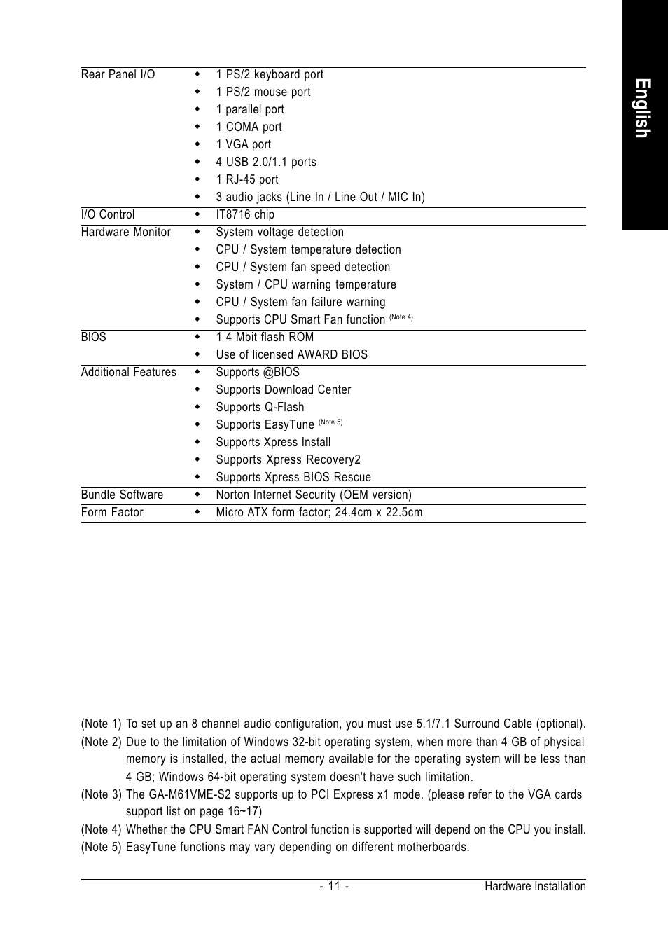 English | AMD GA-M61VME-S2 User Manual | Page 11 / 88