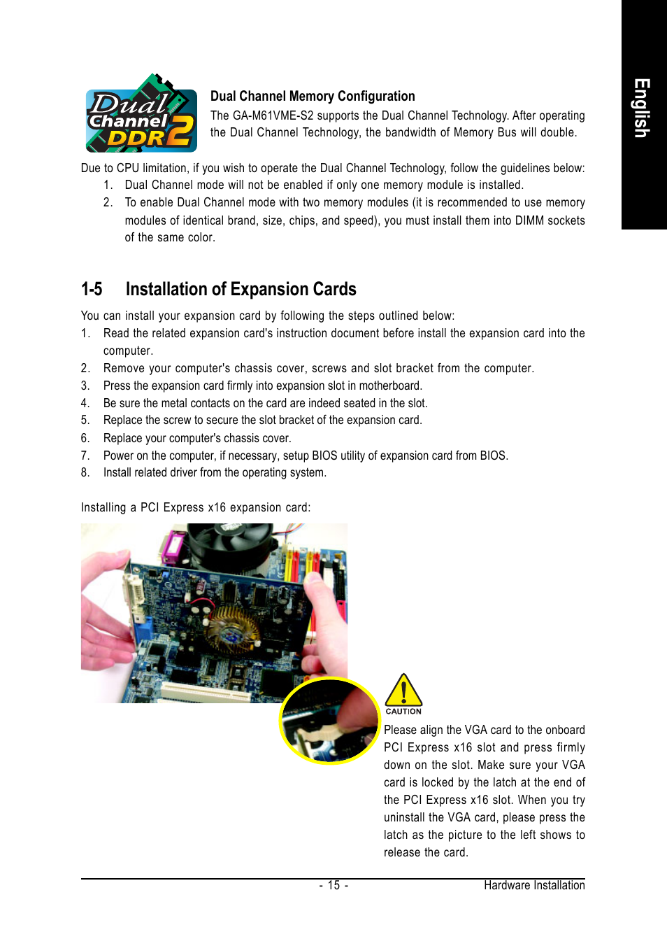 English, 5 installation of expansion cards | AMD GA-M61VME-S2 User Manual | Page 15 / 88