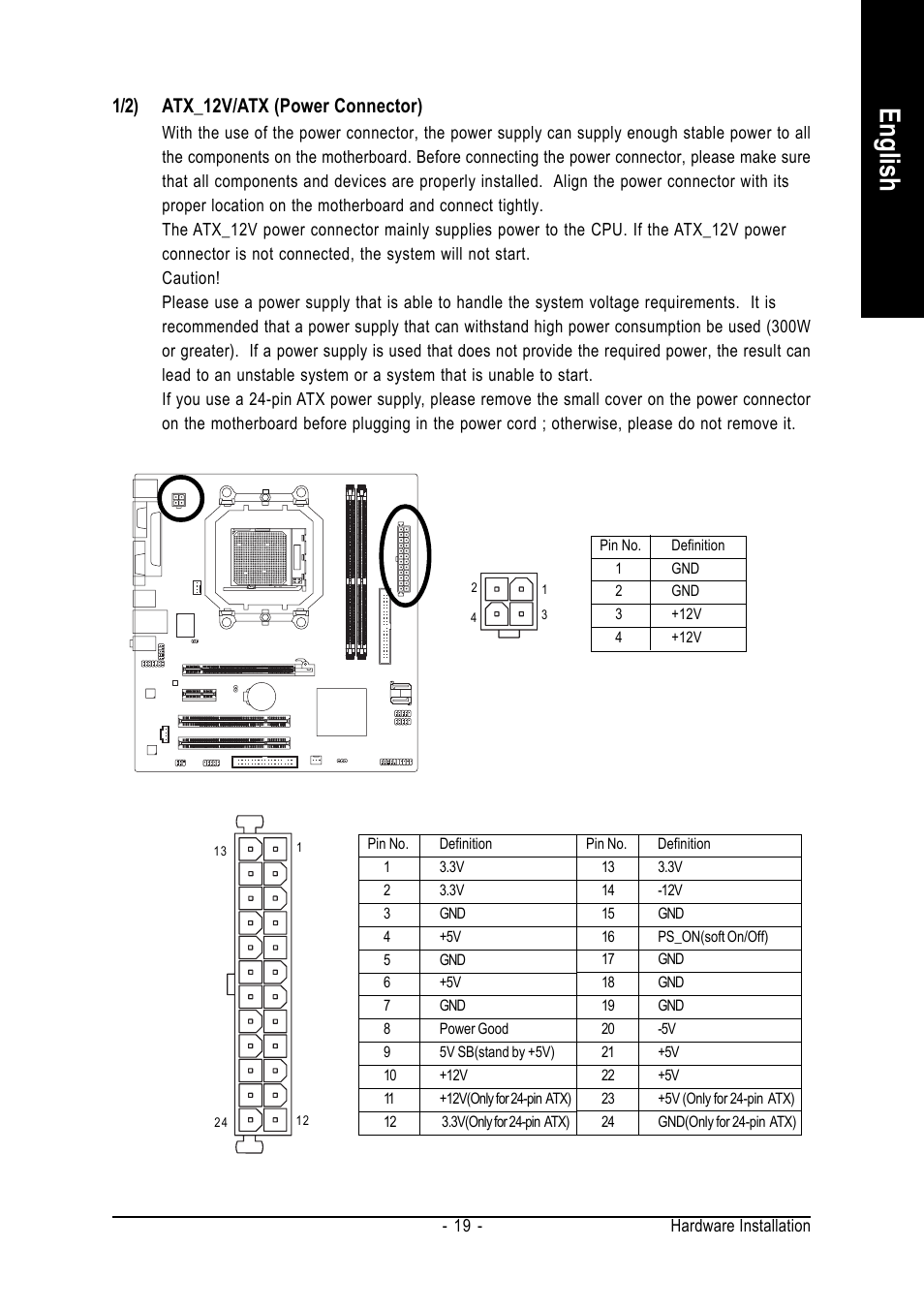 English, 1/2) atx_12v/atx (power connector) | AMD GA-M61VME-S2 User Manual | Page 19 / 88