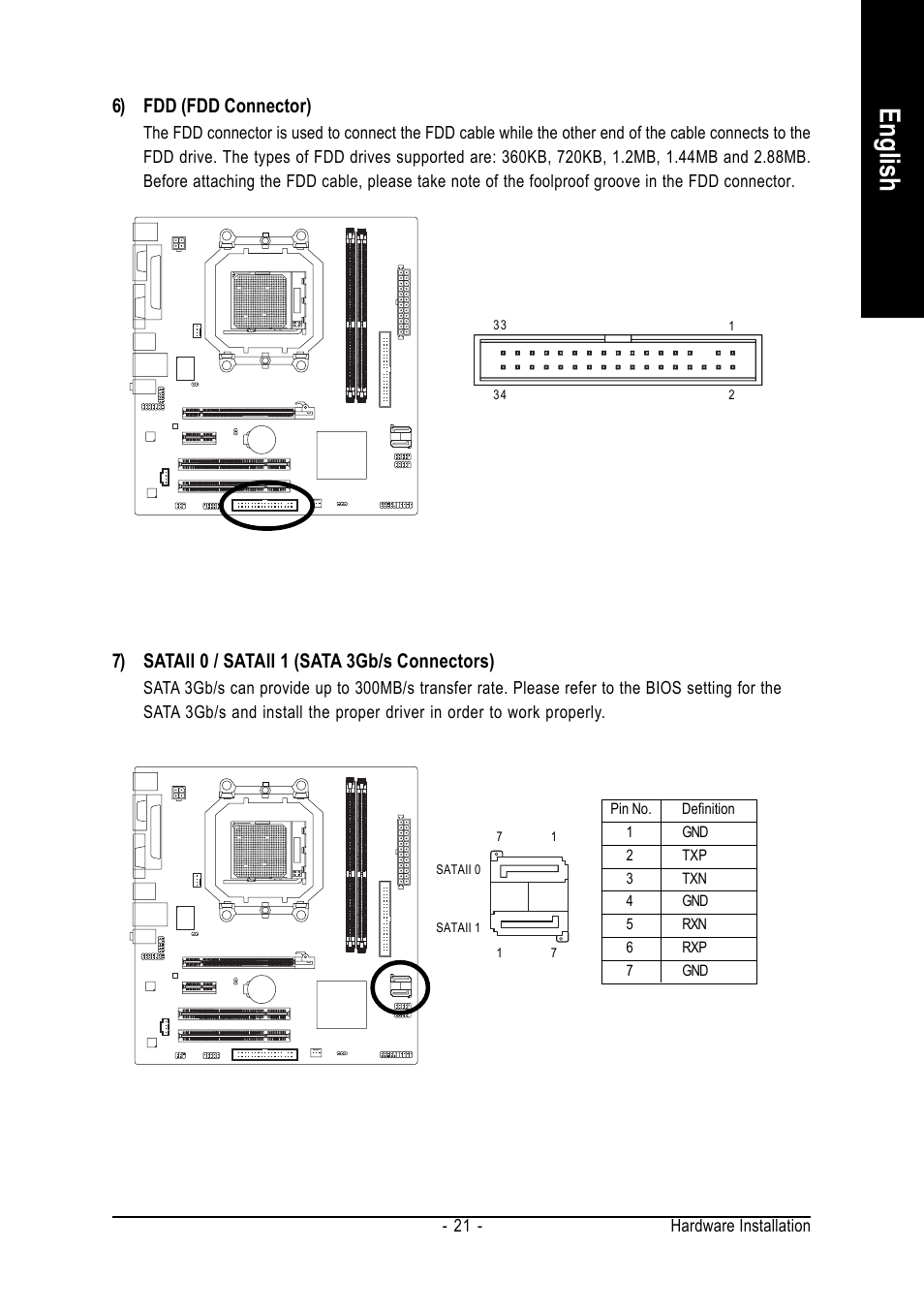 English, 7) sataii 0 / sataii 1 (sata 3gb/s connectors), 6) fdd (fdd connector) | AMD GA-M61VME-S2 User Manual | Page 21 / 88