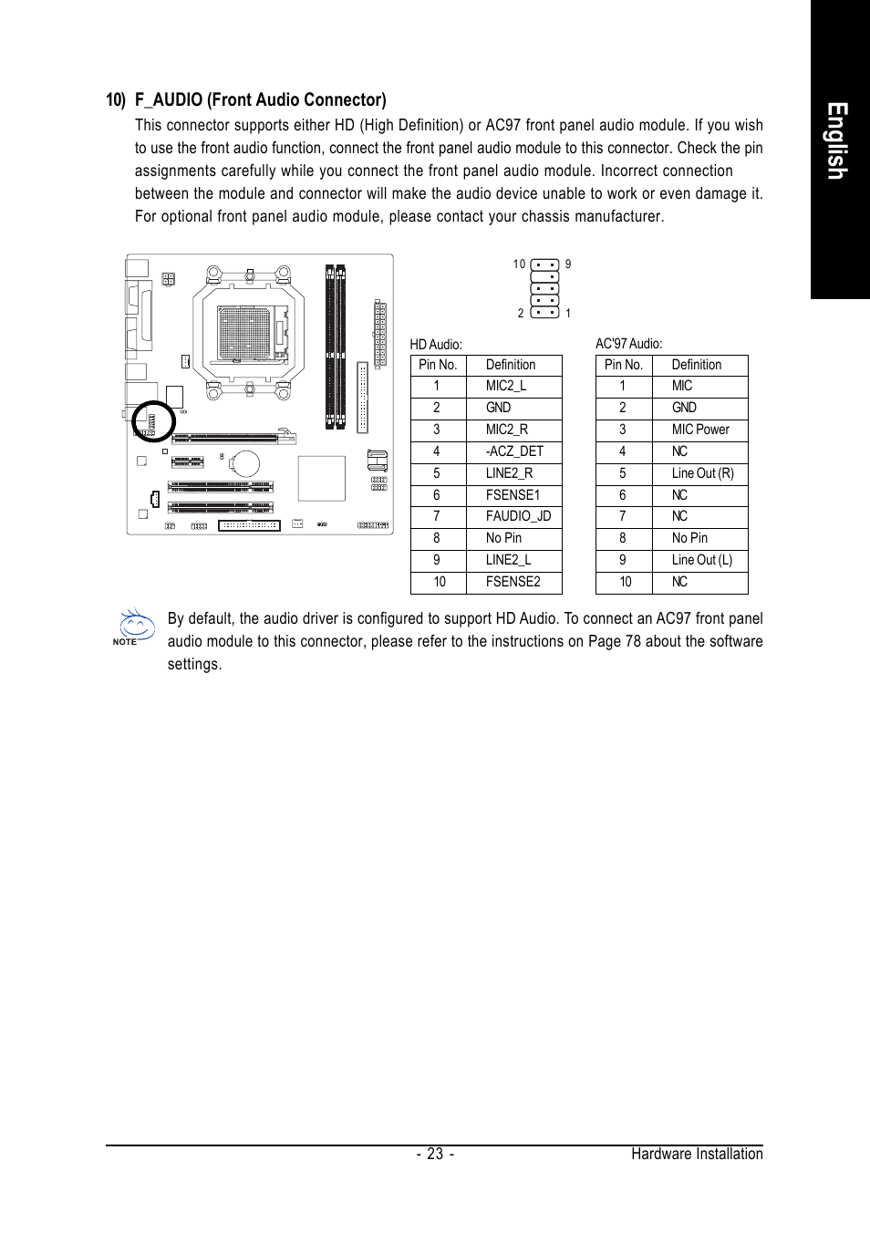 English, 10) f_audio (front audio connector) | AMD GA-M61VME-S2 User Manual | Page 23 / 88