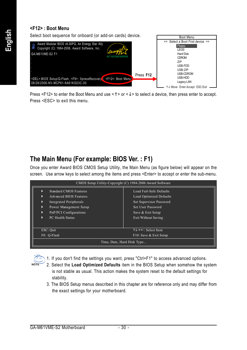 English, The main menu (for example: bios ver. : f1), F12> : boot menu | AMD GA-M61VME-S2 User Manual | Page 30 / 88