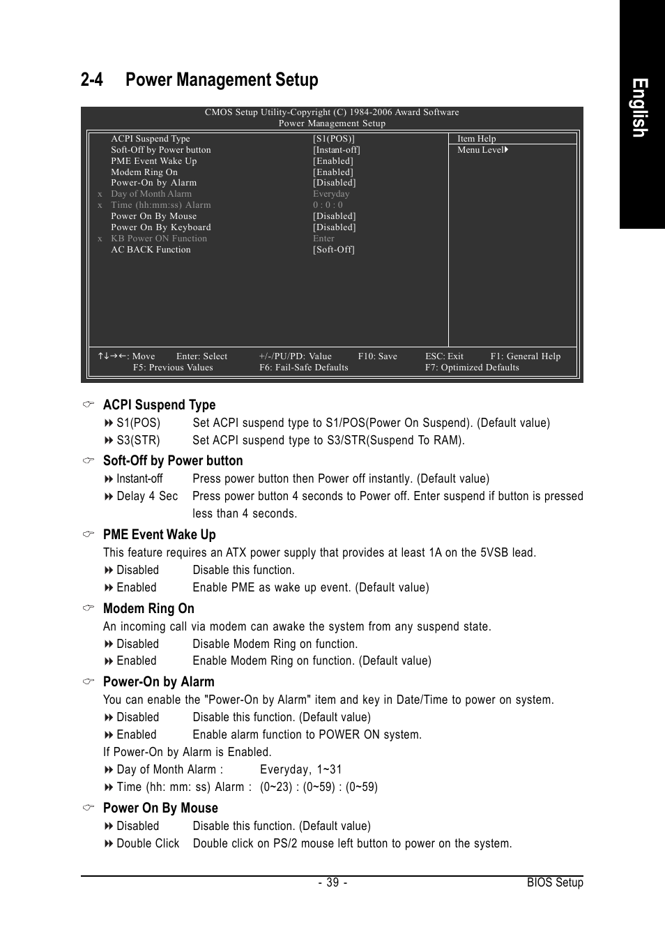 English, 4 power management setup, Acpi suspend type | Soft-off by power button, Pme event wake up, Modem ring on, Power-on by alarm, Power on by mouse | AMD GA-M61VME-S2 User Manual | Page 39 / 88