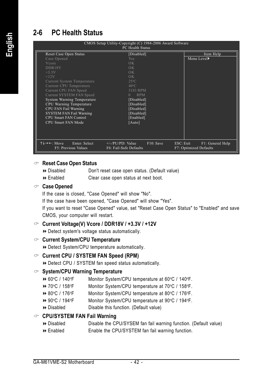 English, 6 pc health status, Reset case open status | Case opened, Current system/cpu temperature, Current cpu / system fan speed (rpm), System/cpu warning temperature, Cpu/system fan fail warning | AMD GA-M61VME-S2 User Manual | Page 42 / 88