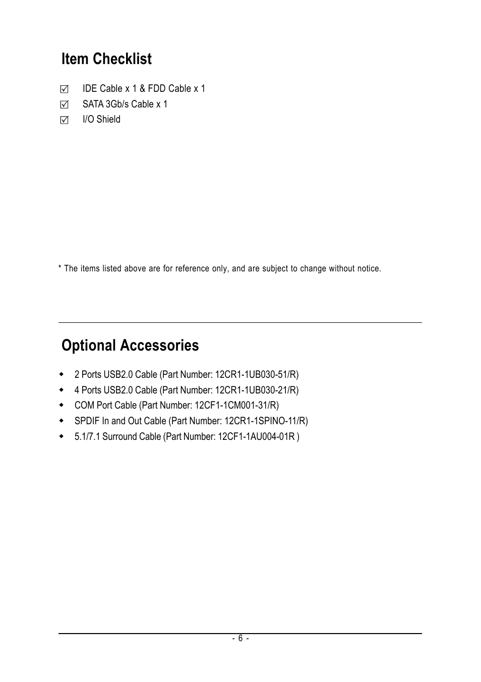 Item checklist, Optional accessories | AMD GA-M61VME-S2 User Manual | Page 6 / 88