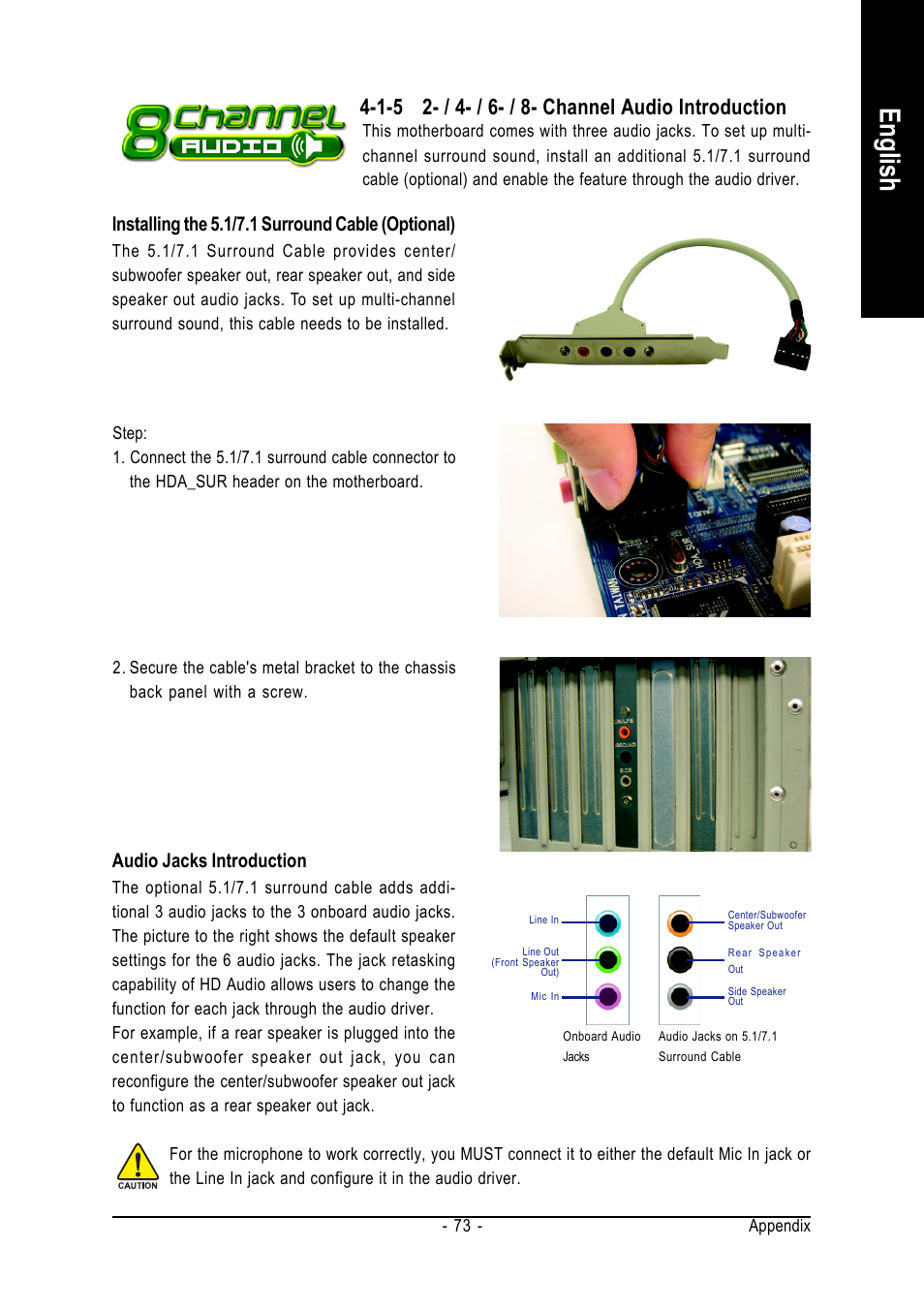 English, Installing the 5.1/7.1 surround cable (optional), Audio jacks introduction | AMD GA-M61VME-S2 User Manual | Page 73 / 88