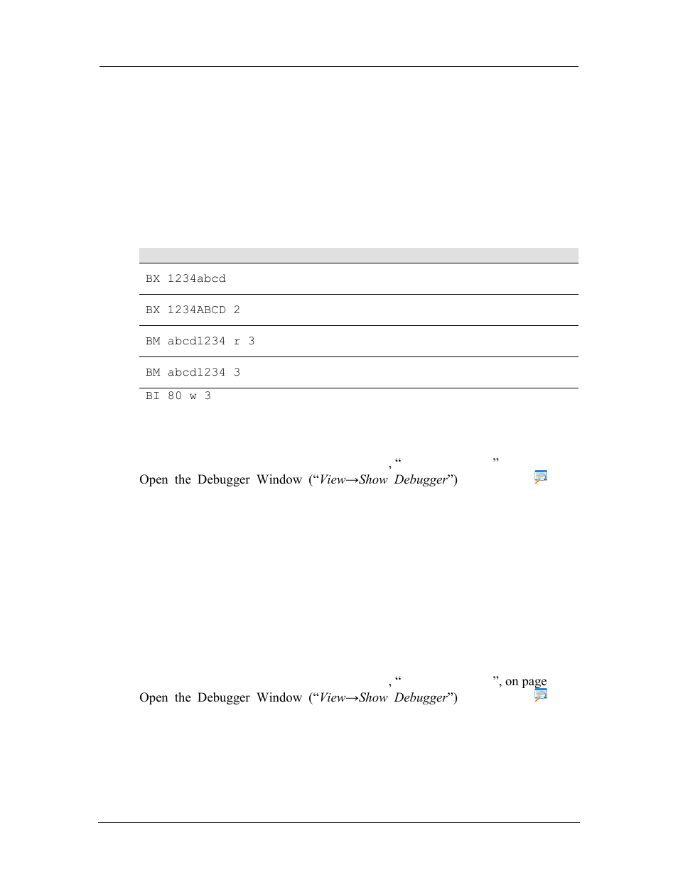 Single stepping the simulation, Stepping over an instruction, Table 10-1: debugger breakpoint command examples | AMD SimNow Simulator 4.4.5 User Manual | Page 160 / 269