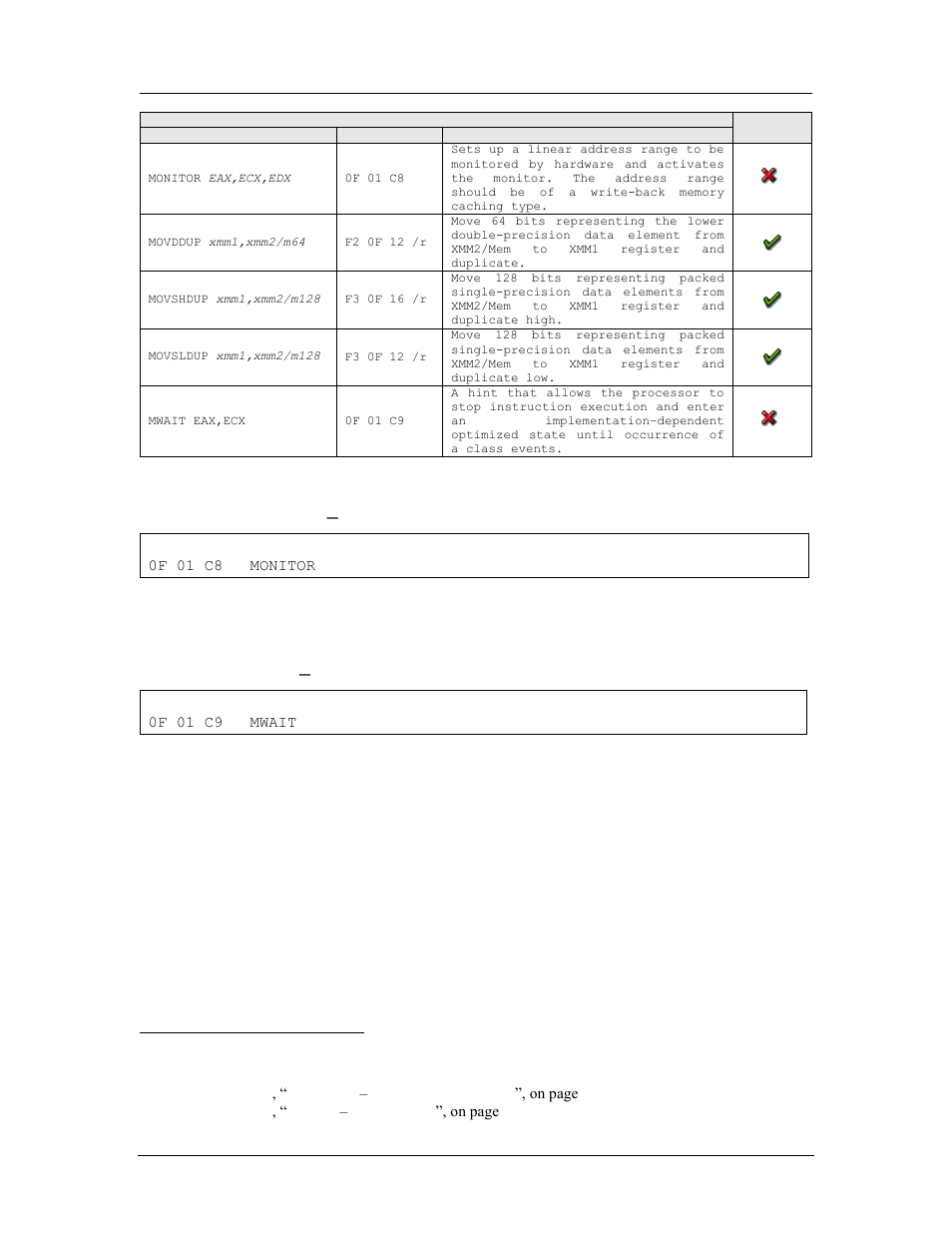 Monitor – setup monitor address, Mwait – monitor wait, Table 15-12: prescott new instruction reference | A.6.8.1 monitor – setup monitor address, A.6.8.2 mwait – monitor wait, Opcode instruction description | AMD SimNow Simulator 4.4.5 User Manual | Page 238 / 269