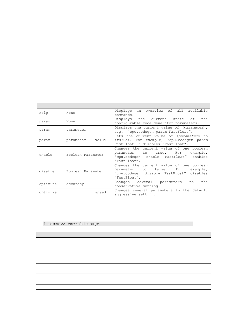 Cpu code generator commands, Emerald graphics, Table 15-13: codegen command overview | A.7.17.2 cpu code generator commands, A.7.18 emerald graphics | AMD SimNow Simulator 4.4.5 User Manual | Page 253 / 269