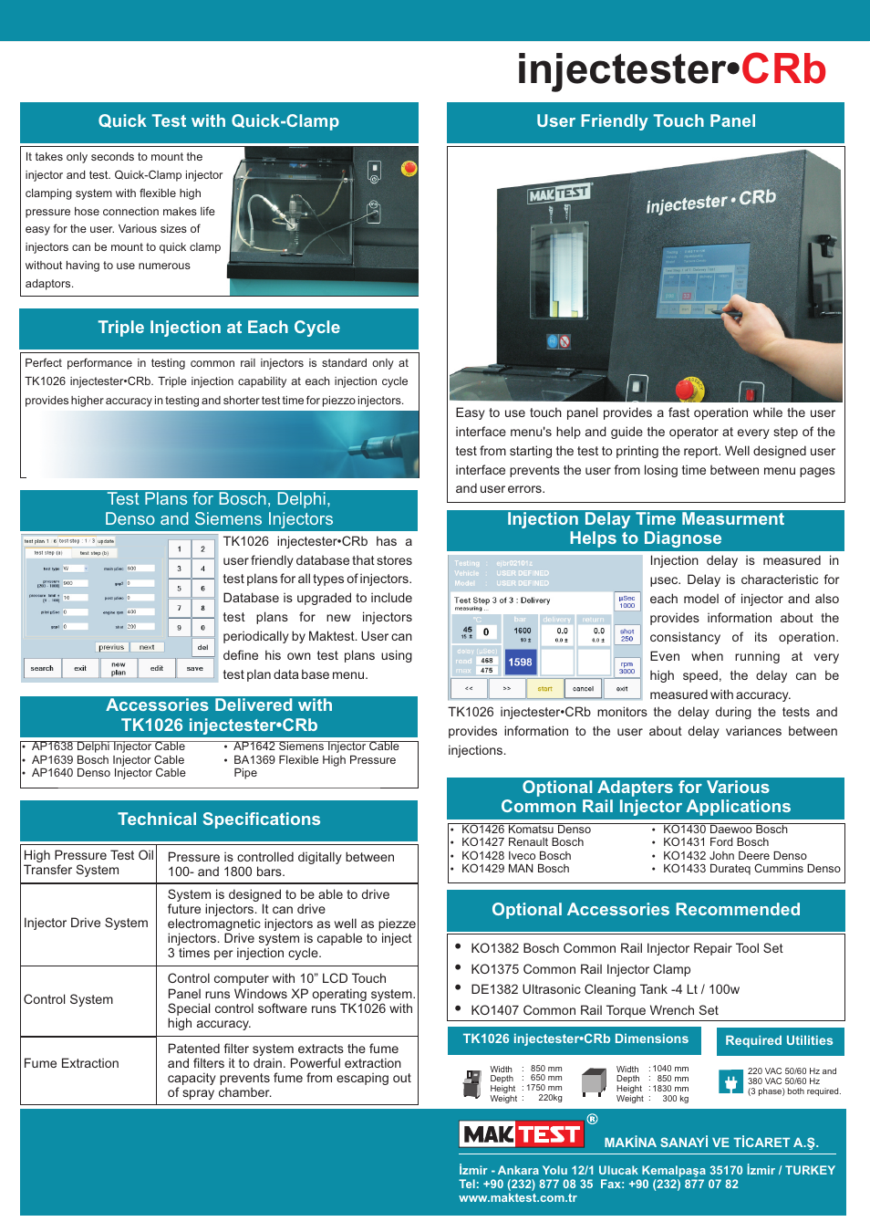 Injectester• crb, Triple injection at each cycle, User friendly touch panel | Injection delay time measurment helps to diagnose | MAKTEST TK1026 User Manual | Page 2 / 2