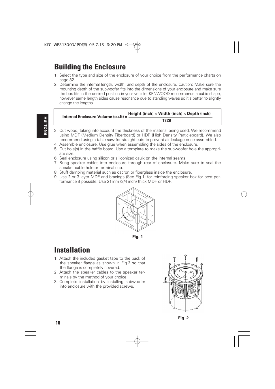 Building the enclosure, Installation | Kenwood KFC-WPS1300D User Manual | Page 10 / 40