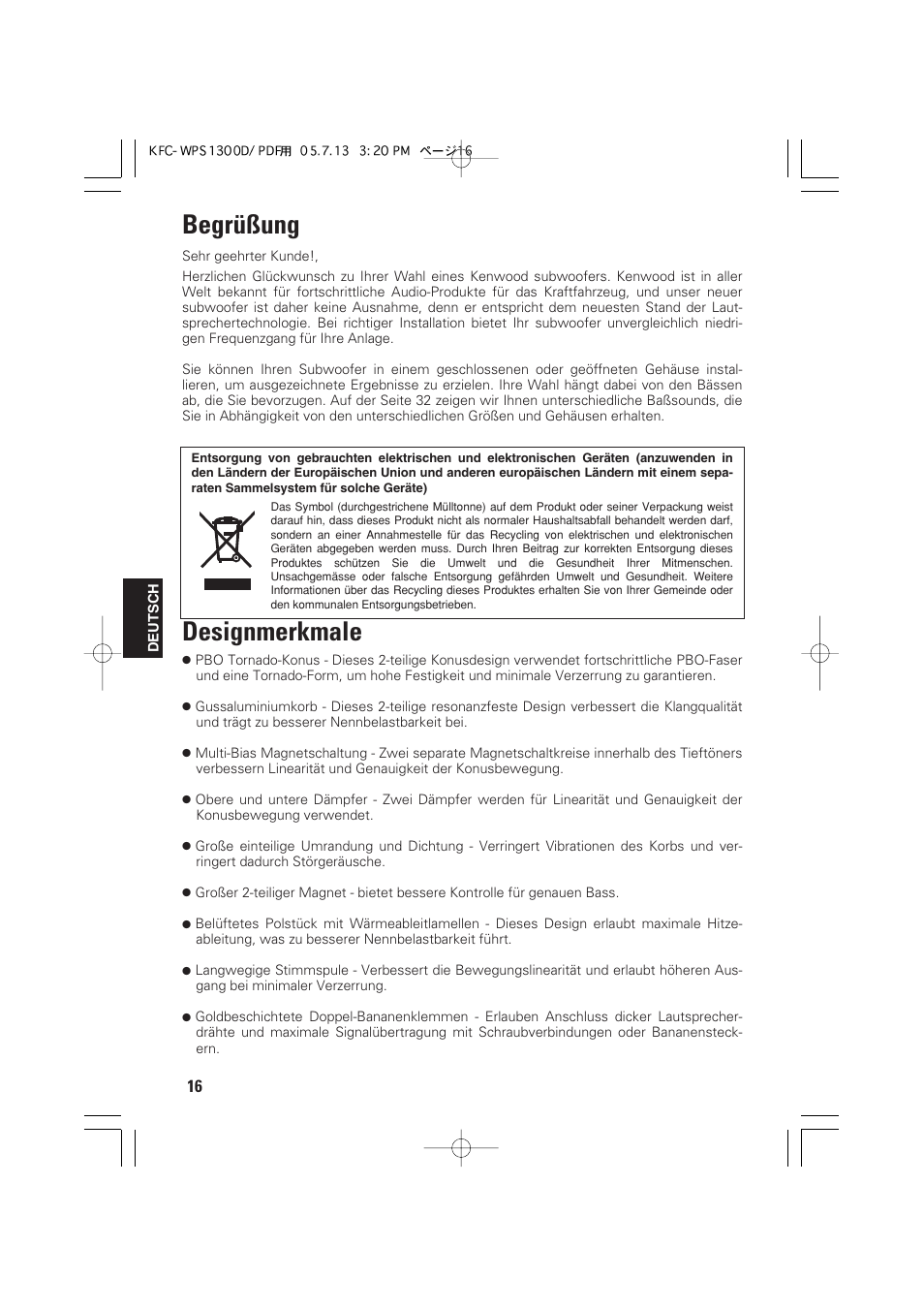 Begrüßung, Designmerkmale | Kenwood KFC-WPS1300D User Manual | Page 16 / 40