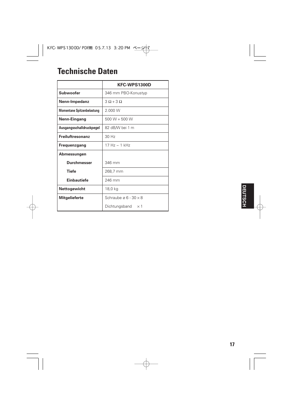 Technische daten | Kenwood KFC-WPS1300D User Manual | Page 17 / 40
