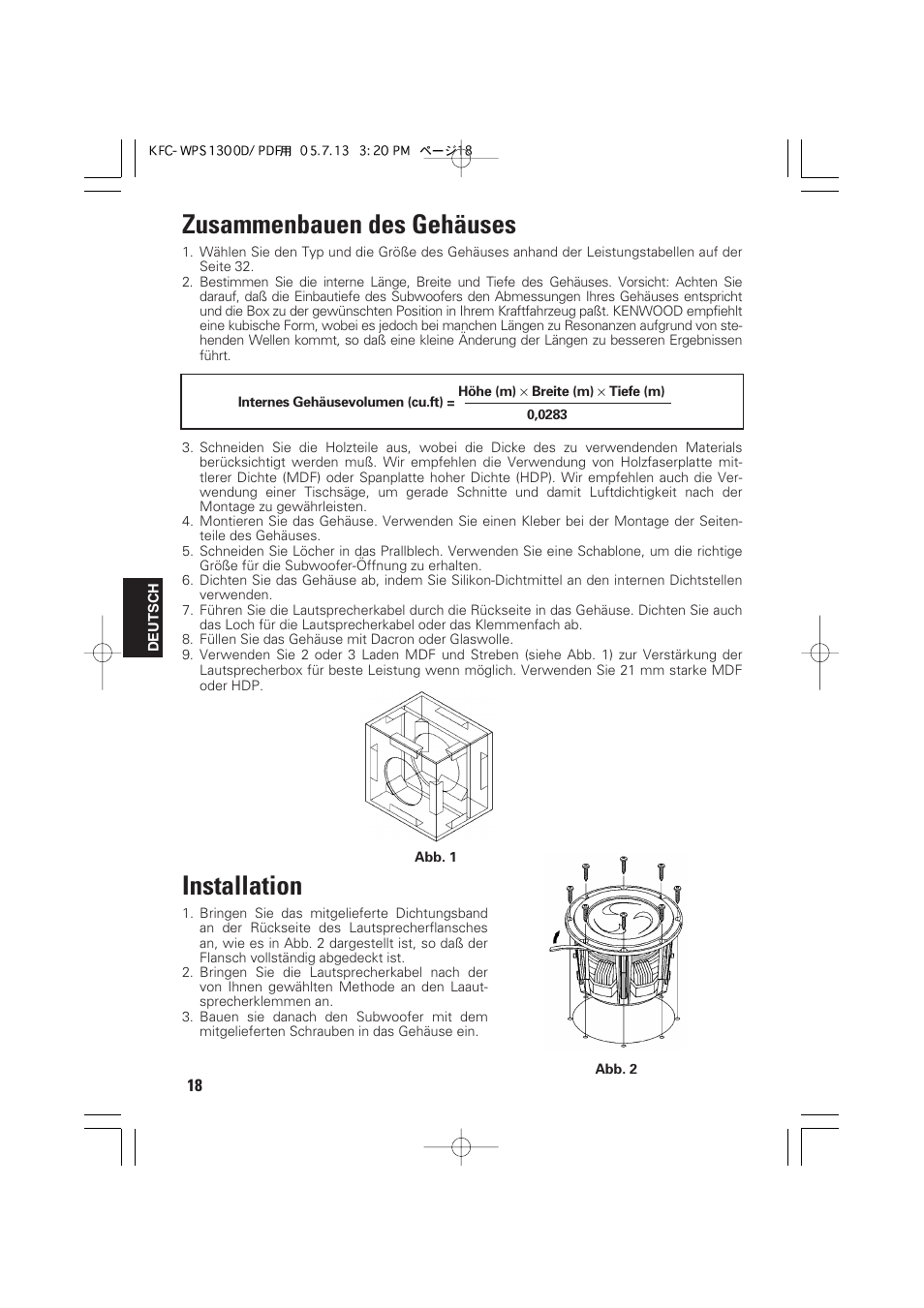 Zusammenbauen des gehäuses, Installation | Kenwood KFC-WPS1300D User Manual | Page 18 / 40