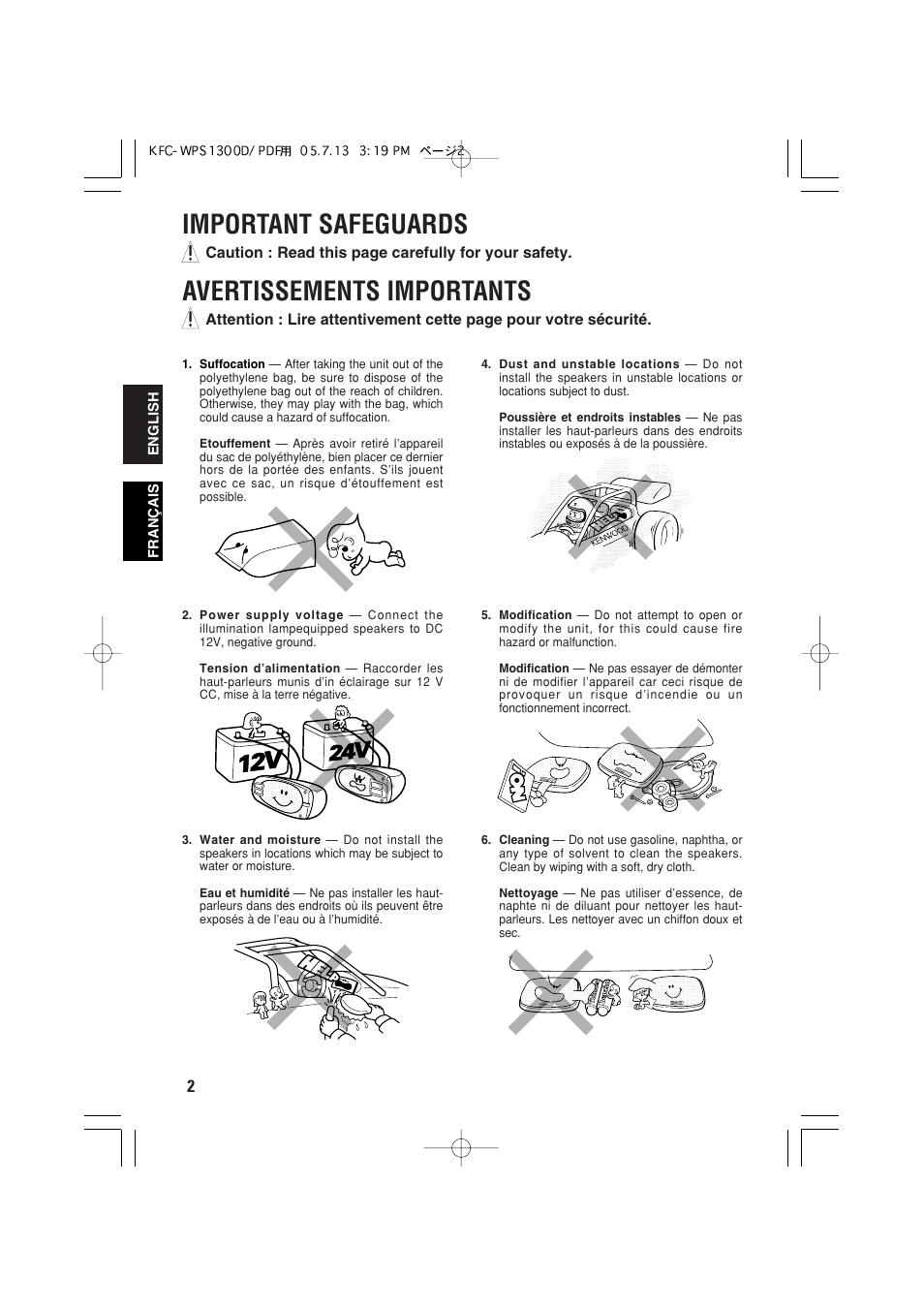 Important safeguards, Avertissements importants | Kenwood KFC-WPS1300D User Manual | Page 2 / 40