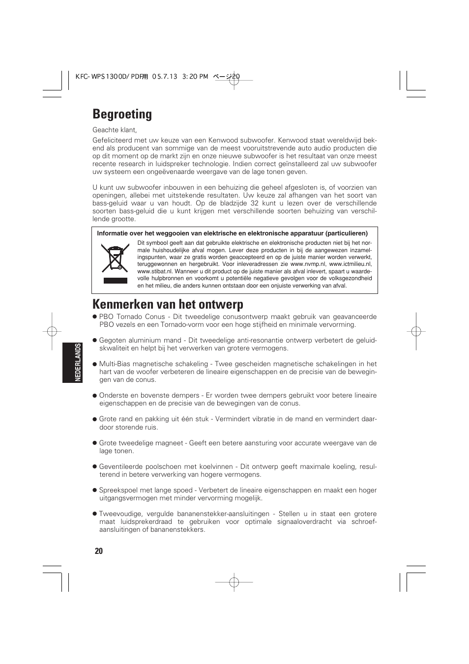 Begroeting, Kenmerken van het ontwerp | Kenwood KFC-WPS1300D User Manual | Page 20 / 40