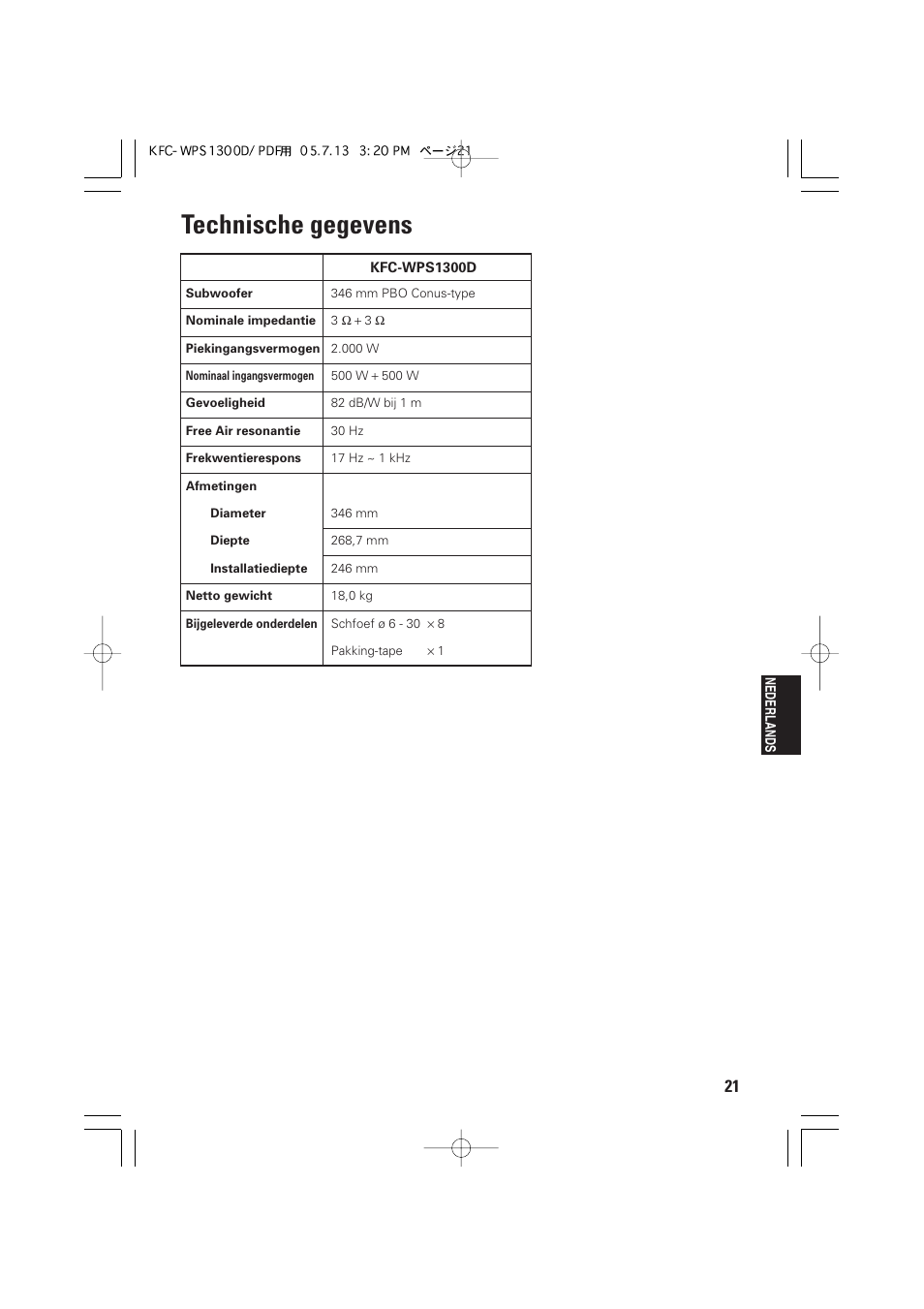 Technische gegevens | Kenwood KFC-WPS1300D User Manual | Page 21 / 40