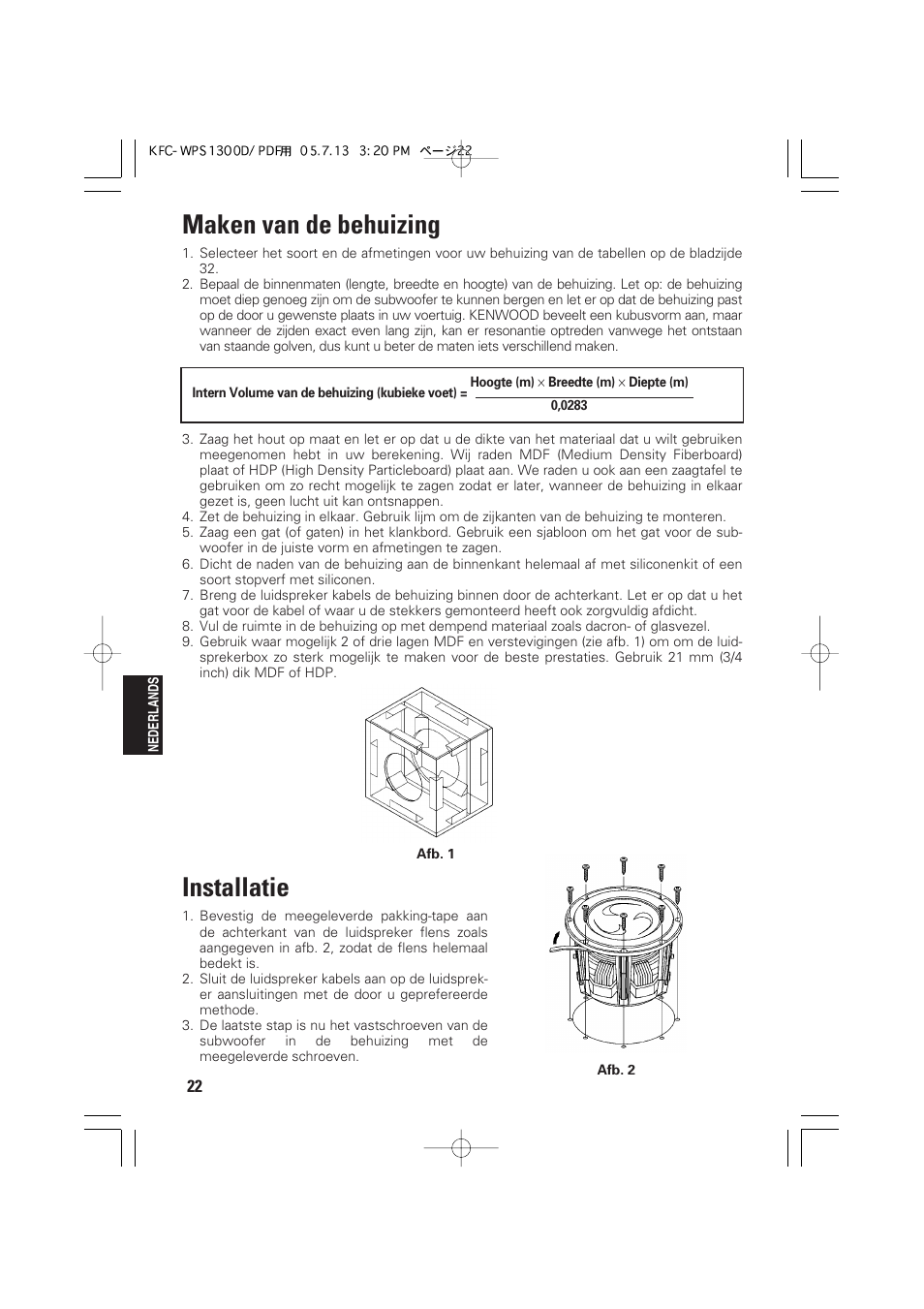 Maken van de behuizing, Installatie | Kenwood KFC-WPS1300D User Manual | Page 22 / 40