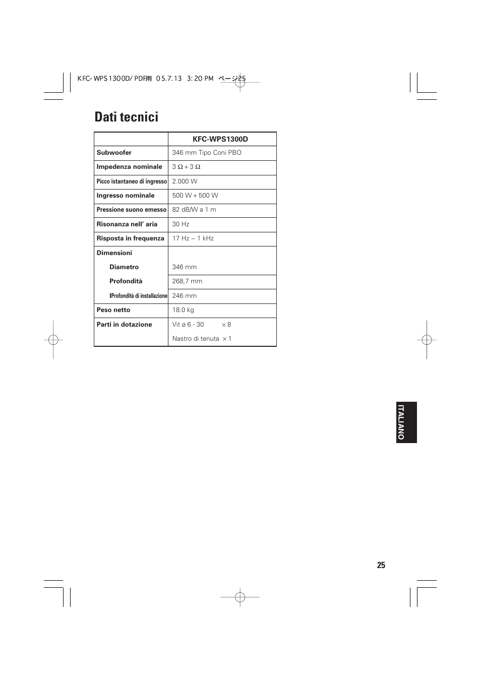 Dati tecnici | Kenwood KFC-WPS1300D User Manual | Page 25 / 40