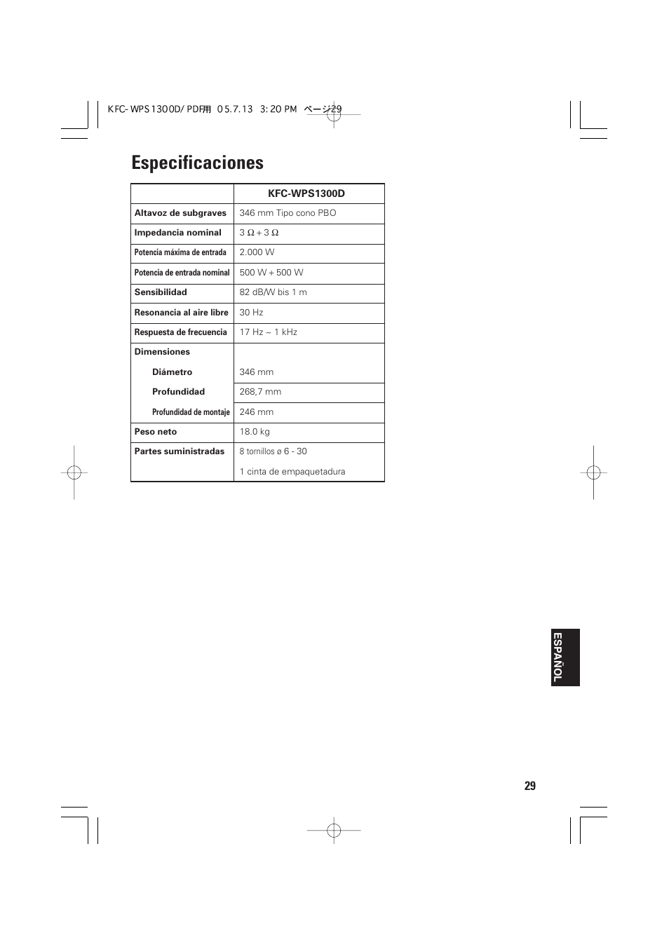 Especificaciones | Kenwood KFC-WPS1300D User Manual | Page 29 / 40