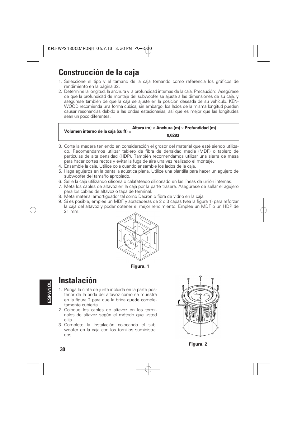 Construcción de la caja, Instalación | Kenwood KFC-WPS1300D User Manual | Page 30 / 40