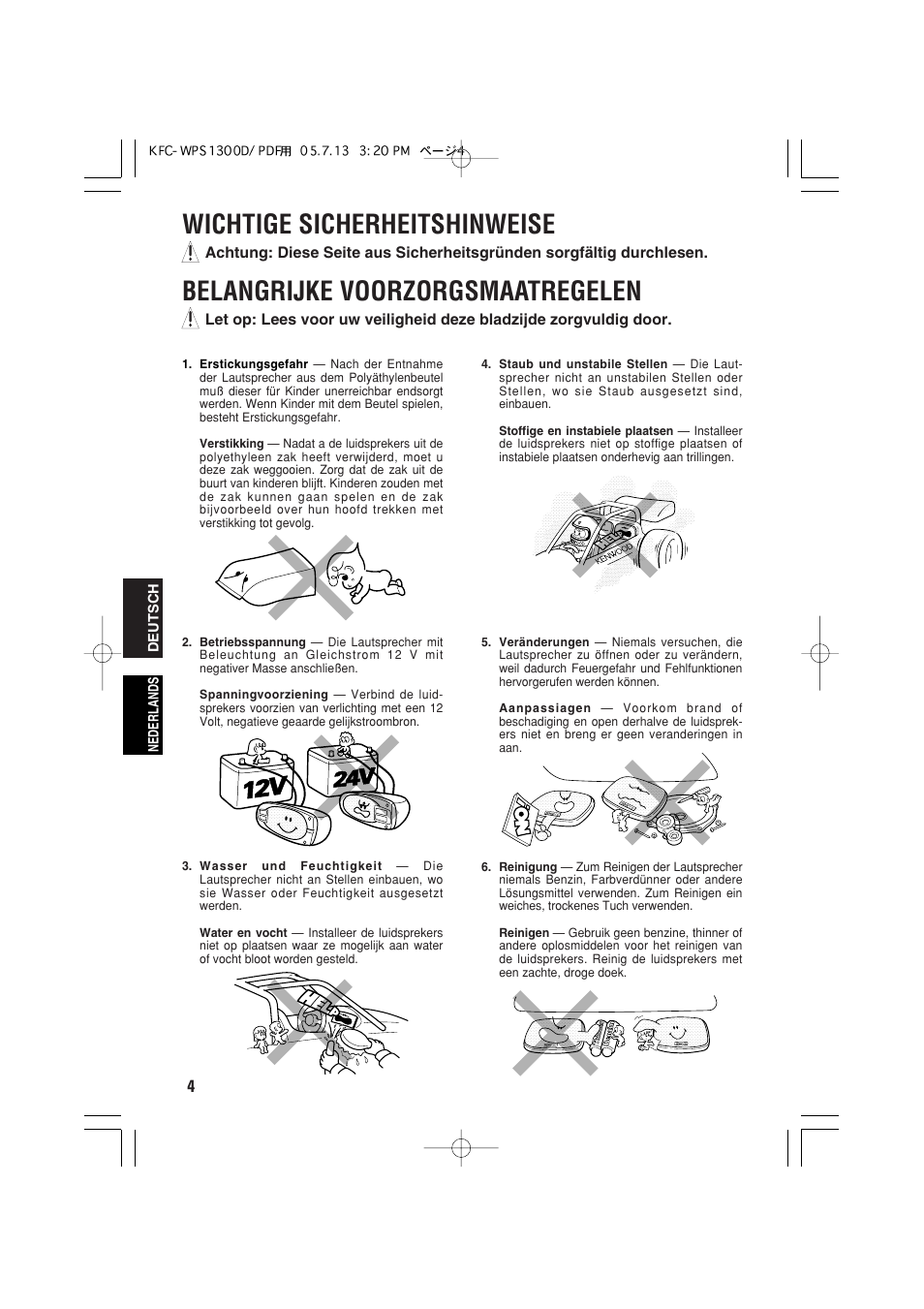 Wichtige sicherheitshinweise, Belangrijke voorzorgsmaatregelen | Kenwood KFC-WPS1300D User Manual | Page 4 / 40