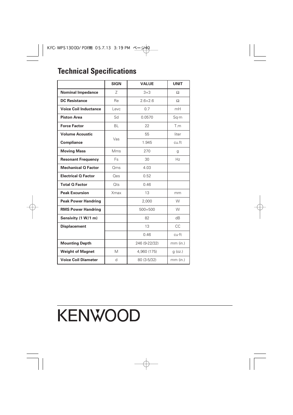 Technical specifications | Kenwood KFC-WPS1300D User Manual | Page 40 / 40