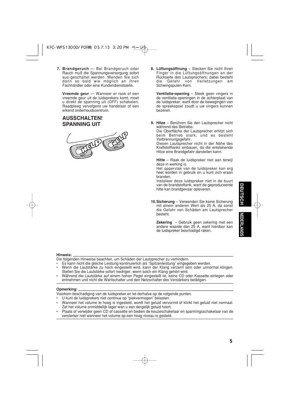 Ausschalten! spanning uit | Kenwood KFC-WPS1300D User Manual | Page 5 / 40